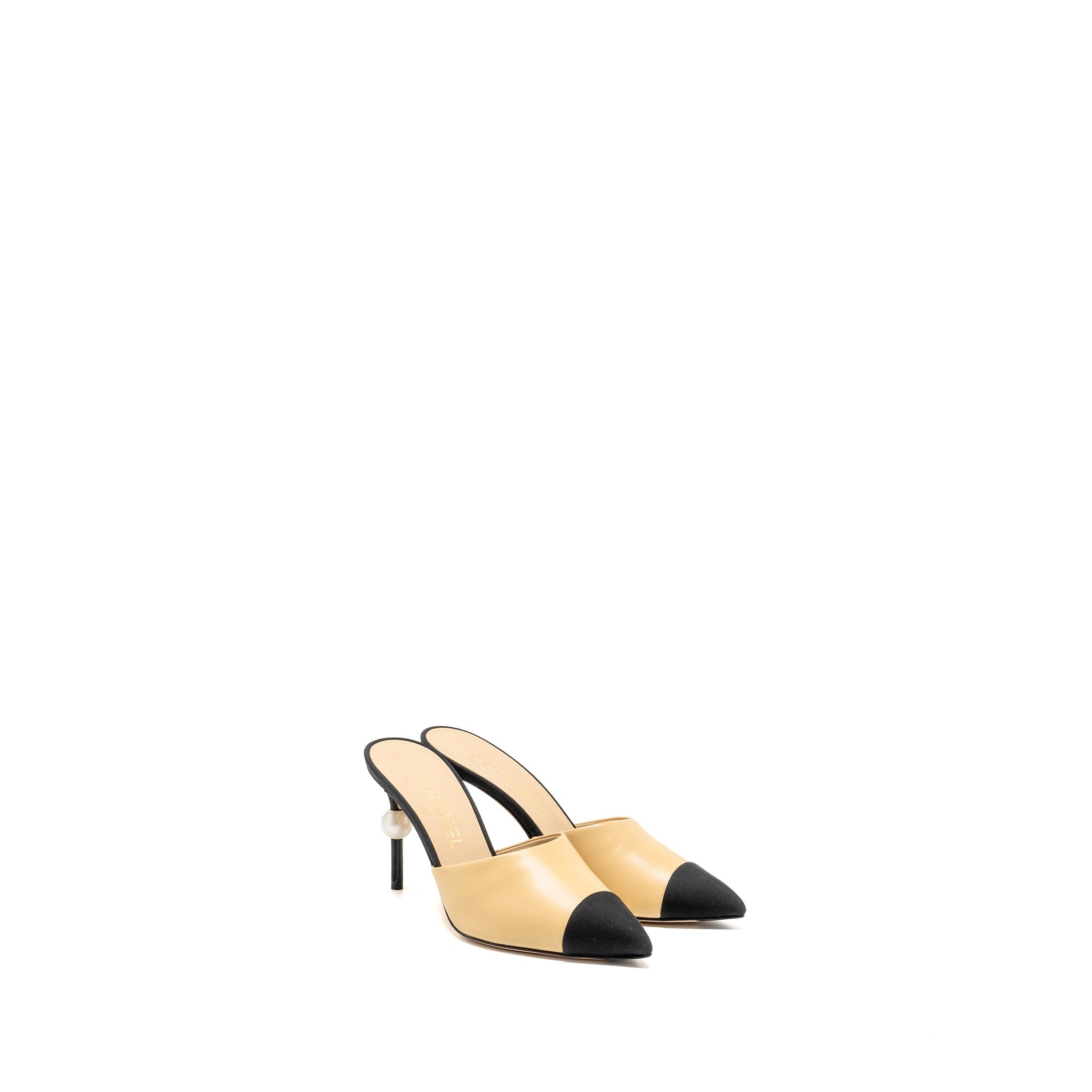 Chanel Size 36.5 Pearl Heel Mule Leather Beige/Black