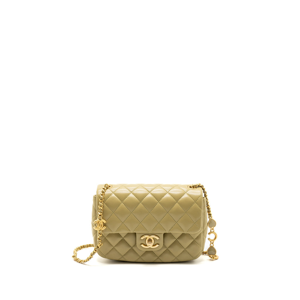 Chanel quilted flap bag with coco love chain lambskin khaki green (Microchip)