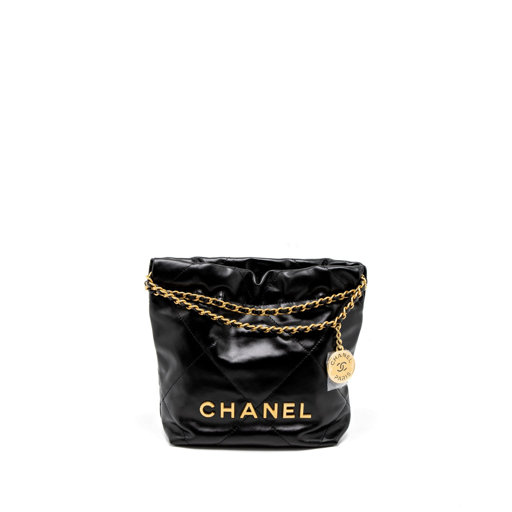 Chanel 23s Mini 22 Bag Shiny Calfskin Black Brushed  (Microchip)
