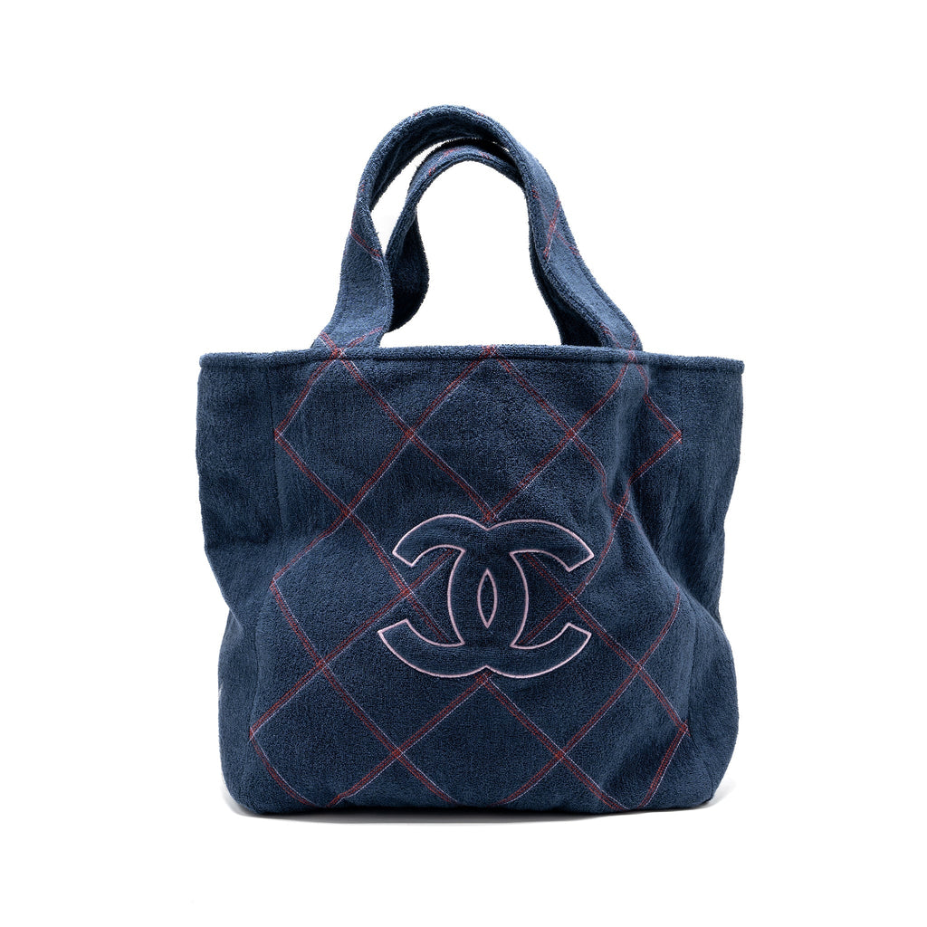 Chanel Coco Beach Tote Bag with Towel/Pouch Set Terry Cloth Navy
