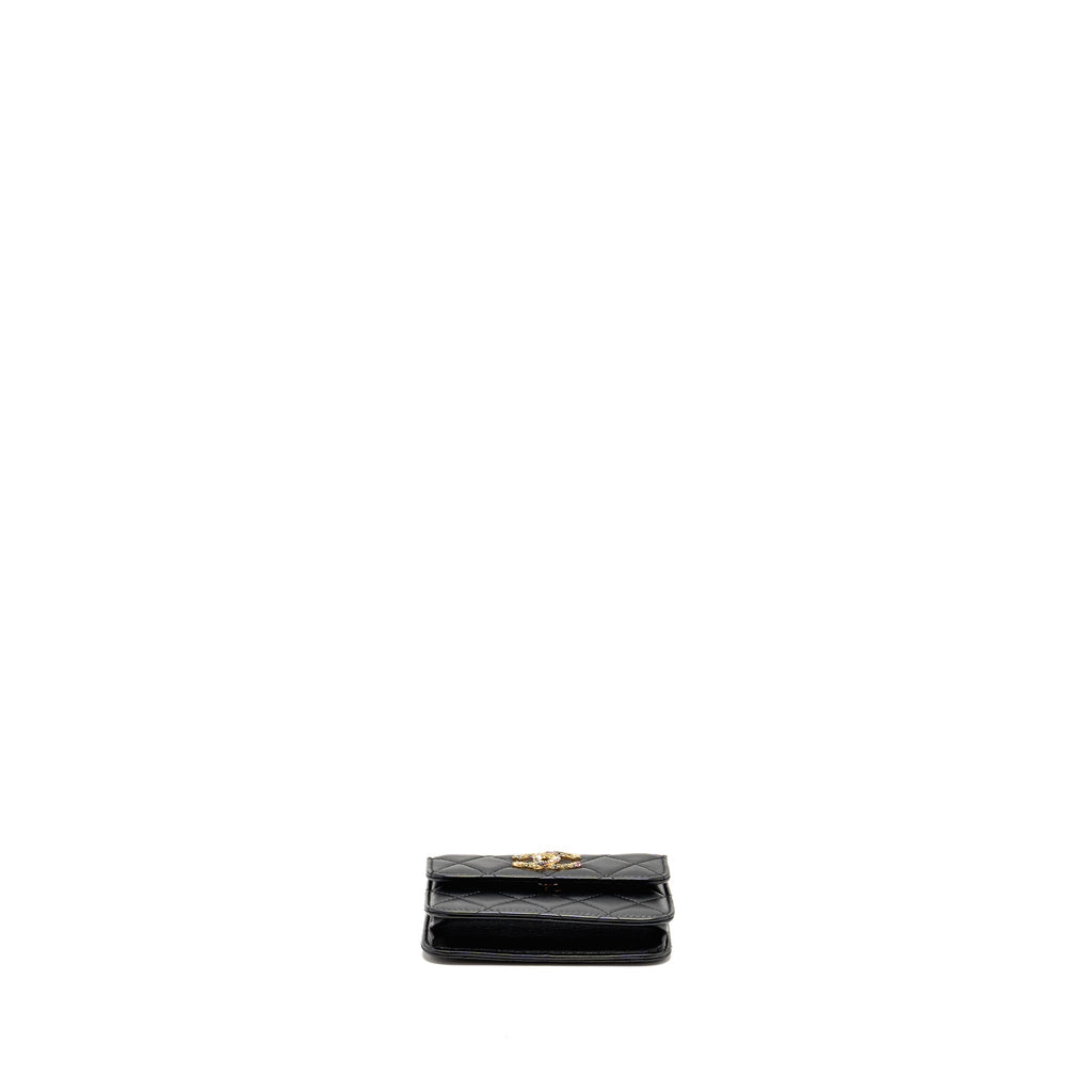 Chanel Zirconium Flap Clutch/Card Holder with Chain Lambskin Black