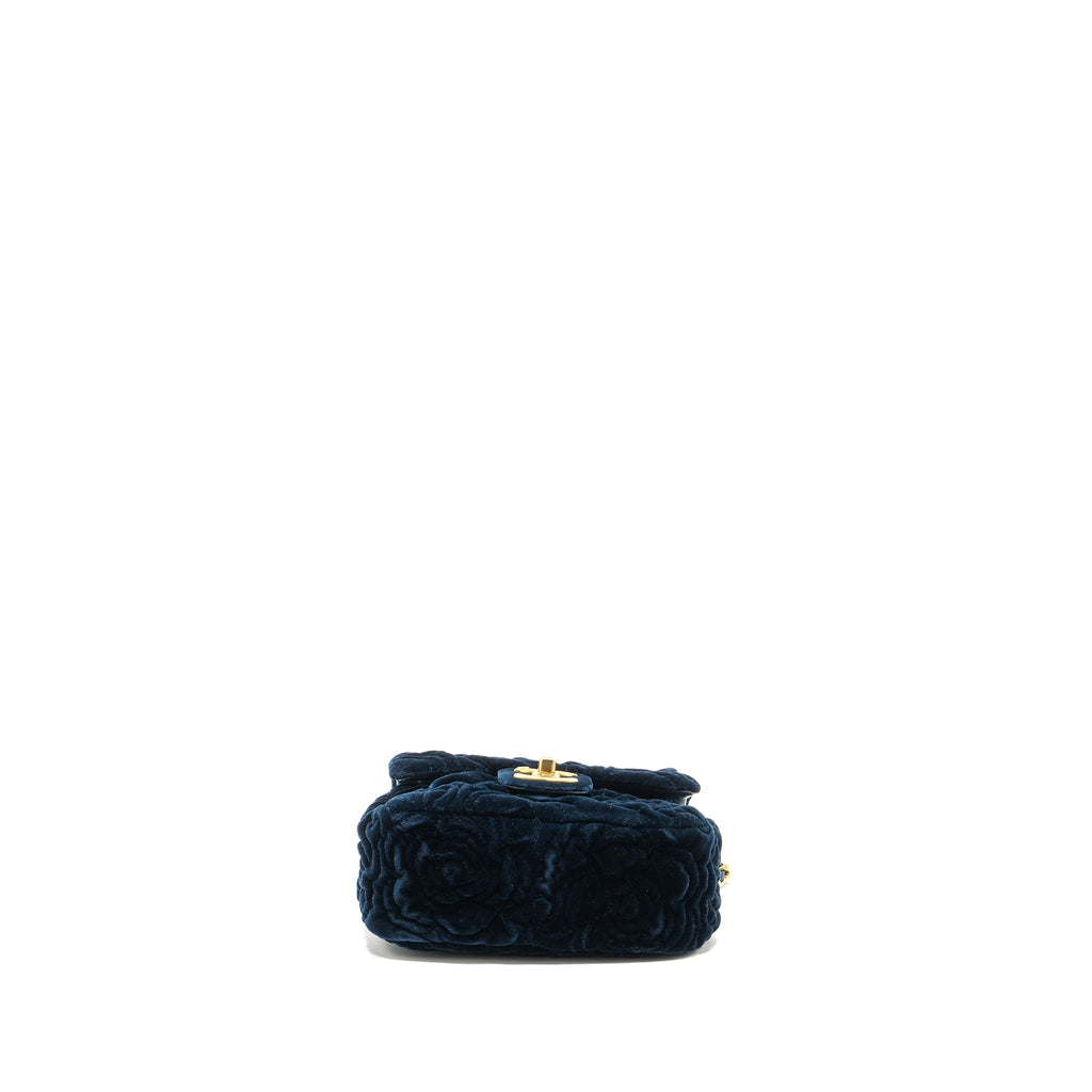 Chanel Camellia Embossed Mini Square Flap Bag Velvet Navy  (microchip)