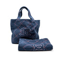 Chanel Coco Beach Tote Bag with Towel/Pouch Set Terry Cloth Navy