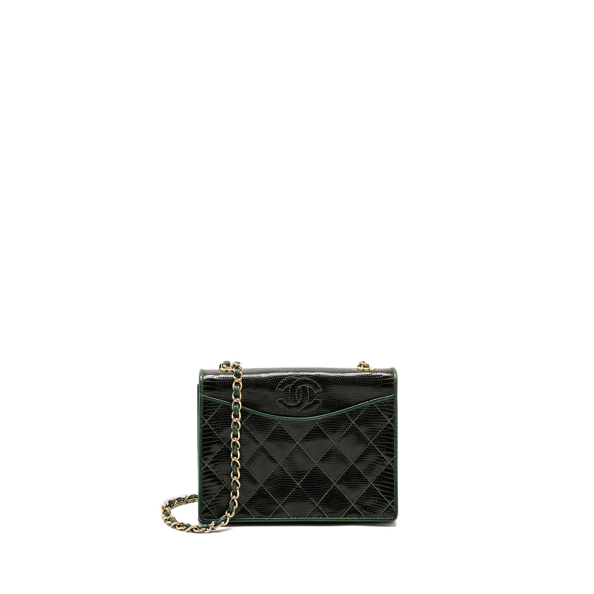 Chanel Vintage Envelop Flap Bag With Chain Lizard Dark Green