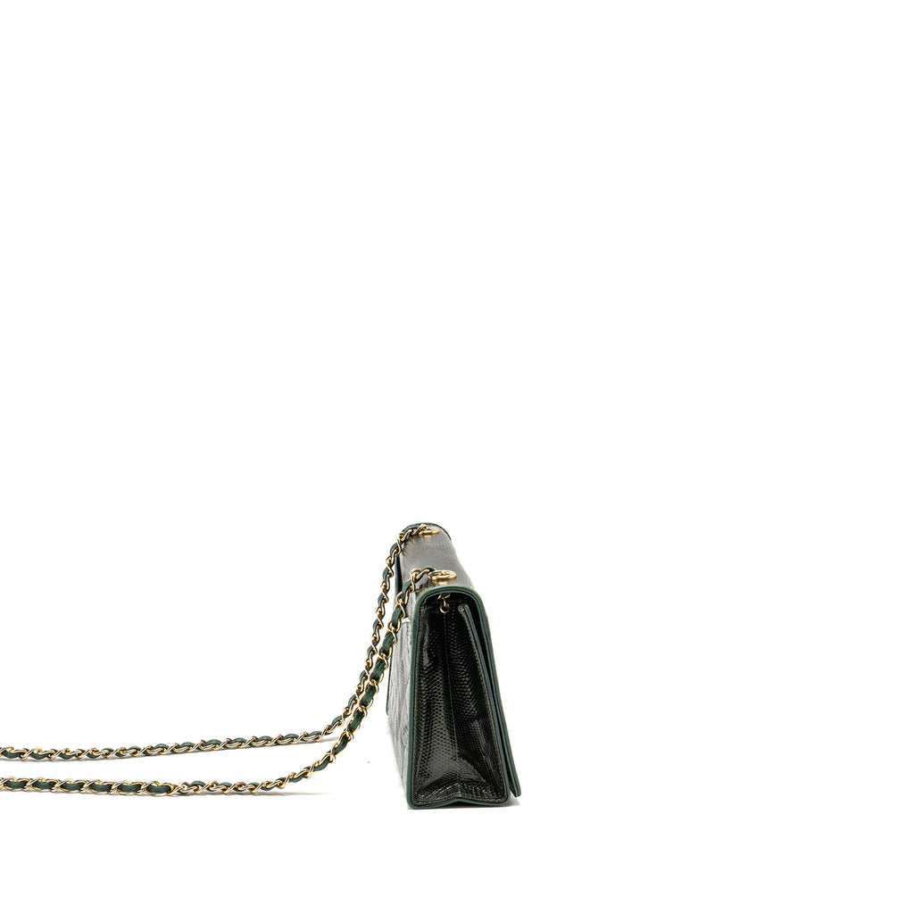 Chanel Vintage Envelop Flap Bag With Chain Lizard Dark Green