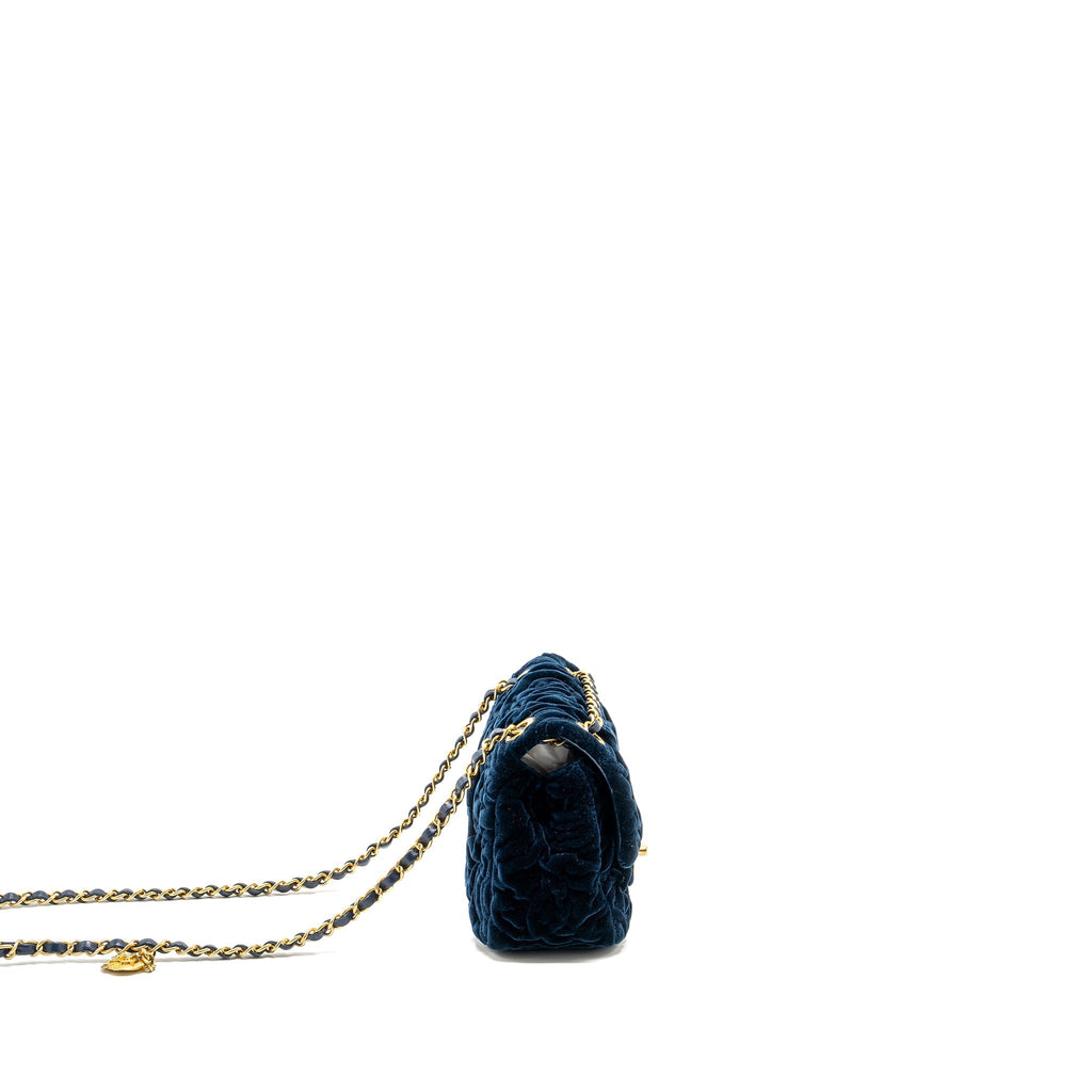 Chanel Camellia Embossed Mini Square Flap Bag Velvet Navy  (microchip)