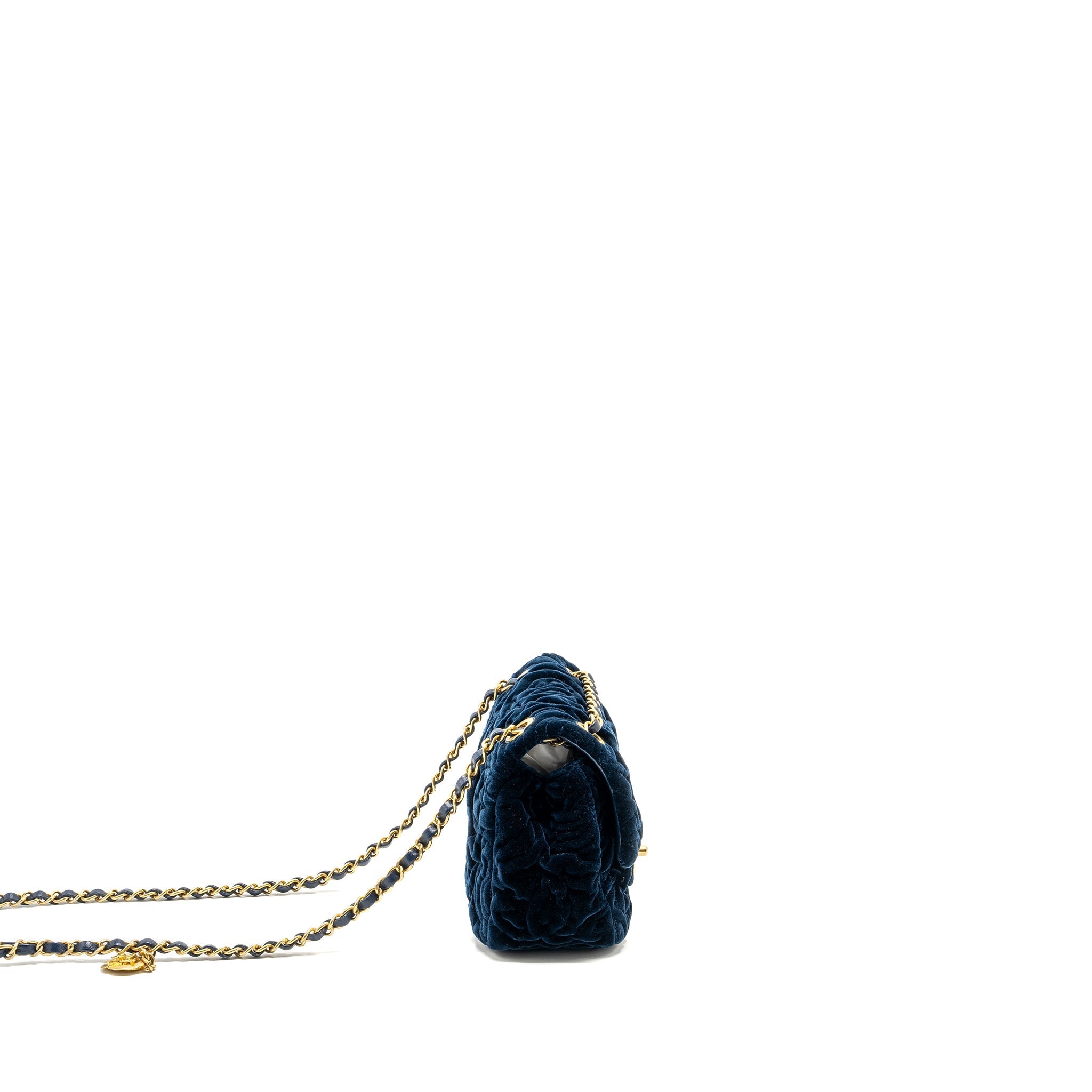 Chanel Camellia Embossed Mini Square Flap Bag Velvet Navy  (microchip)