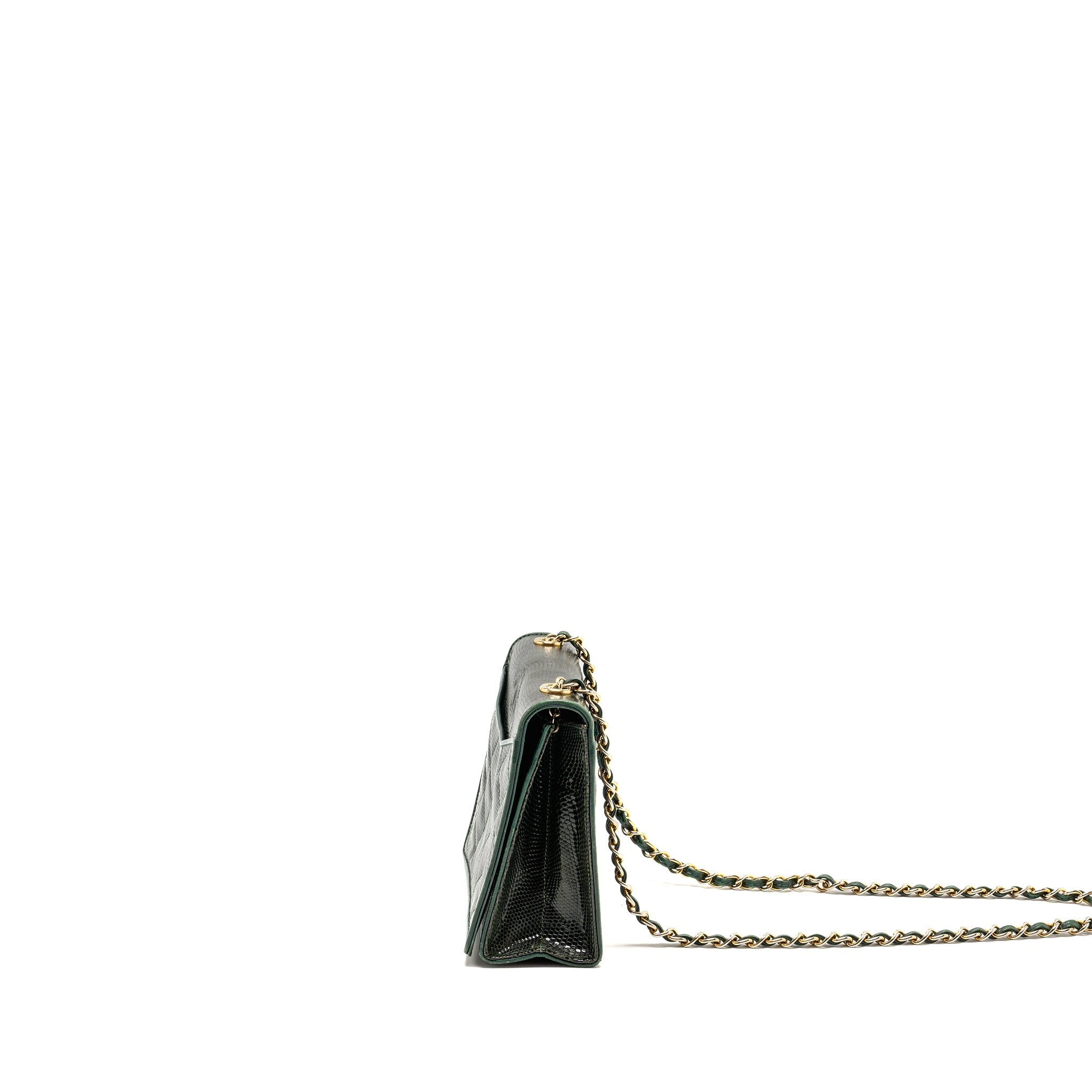 Chanel Vintage Envelop Flap Bag With Chain Lizard Dark Green