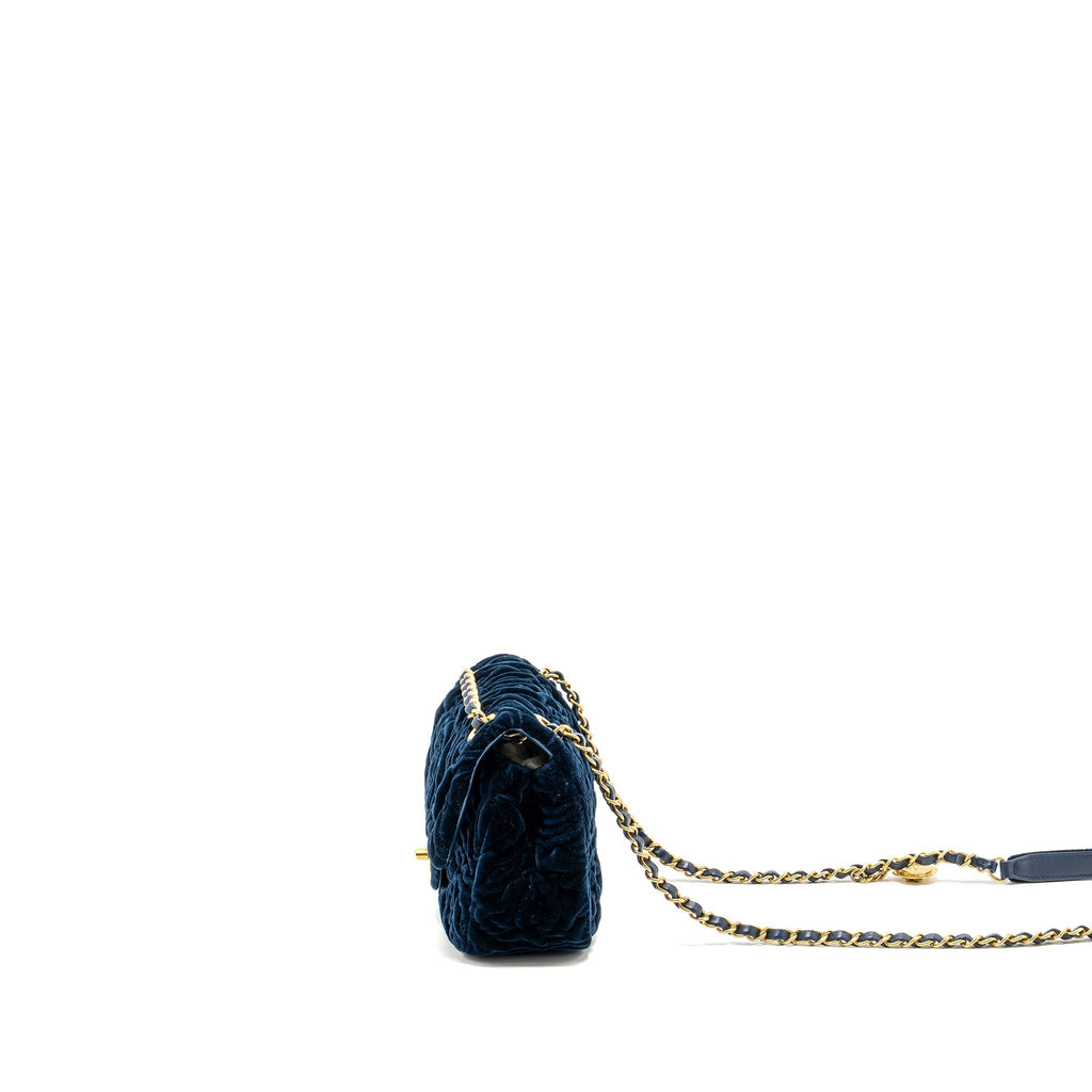 Chanel Camellia Embossed Mini Square Flap Bag Velvet Navy  (microchip)