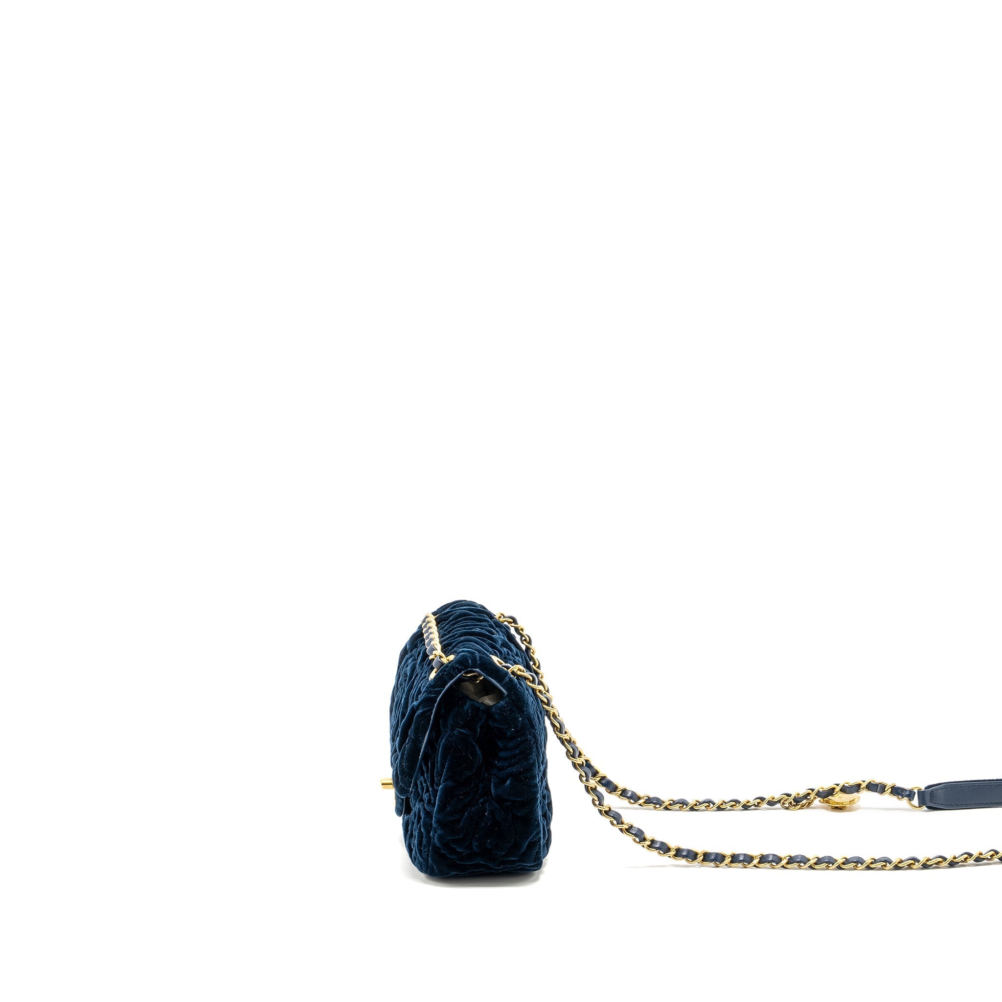 Chanel Camellia Embossed Mini Square Flap Bag Velvet Navy  (microchip)
