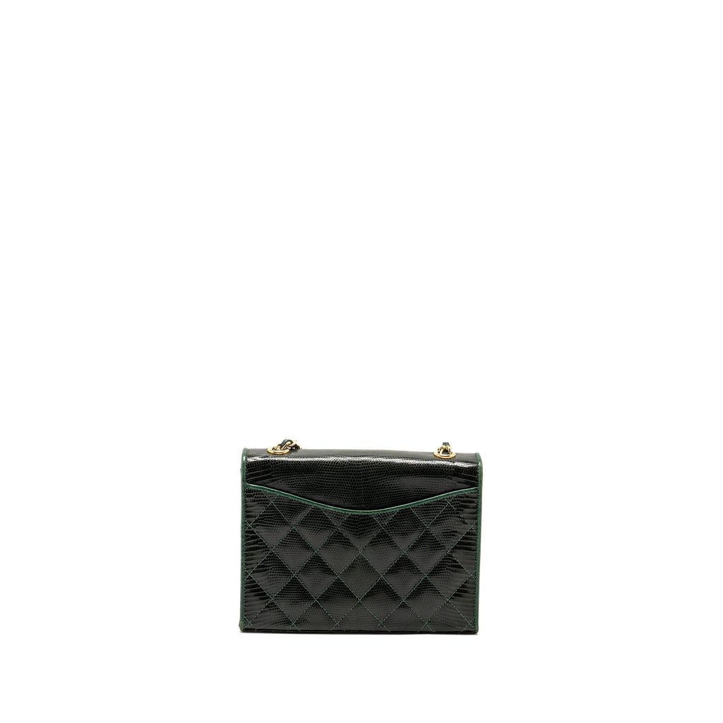Chanel Vintage Envelop Flap Bag With Chain Lizard Dark Green