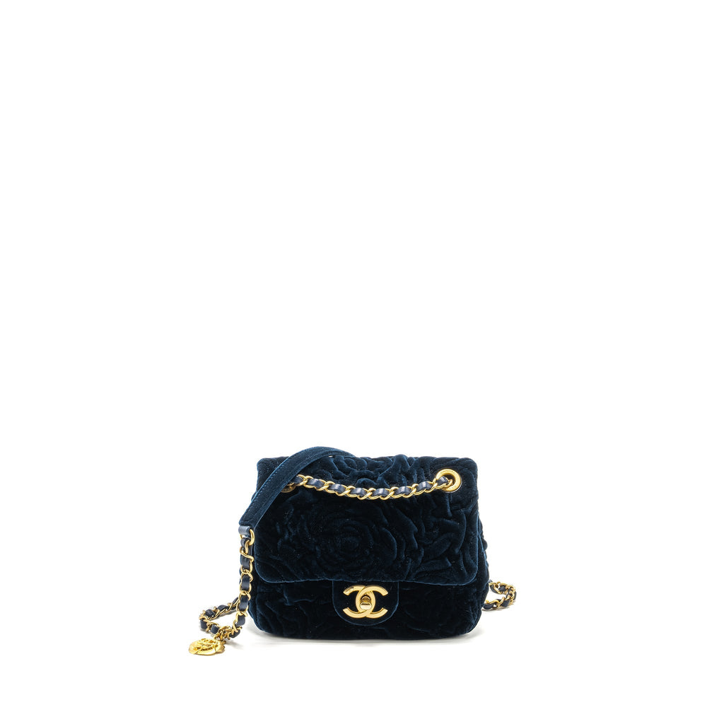Chanel Camellia Embossed Mini Square Flap Bag Velvet Navy  (microchip)