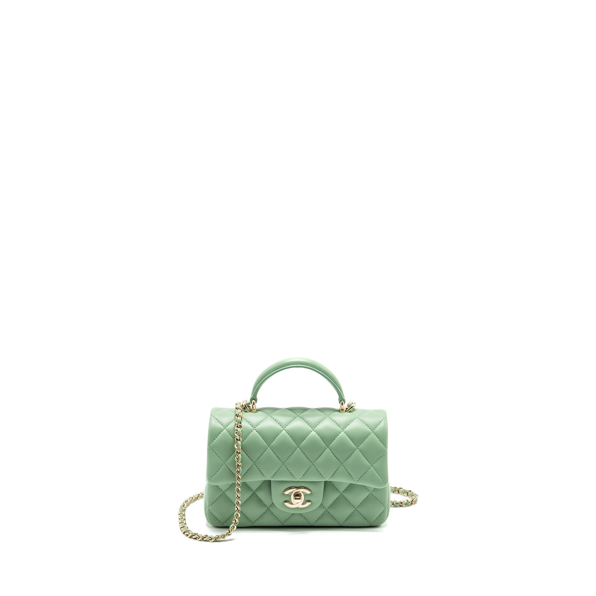 Chanel Top handle mini rectangular flap bag lambskin light green L (microchip)