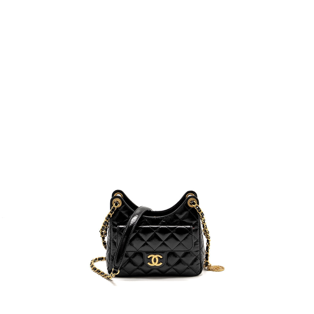 CHANEL 23C Small Hobo bag Shiny Calfskin Black Brushed (Microchip)