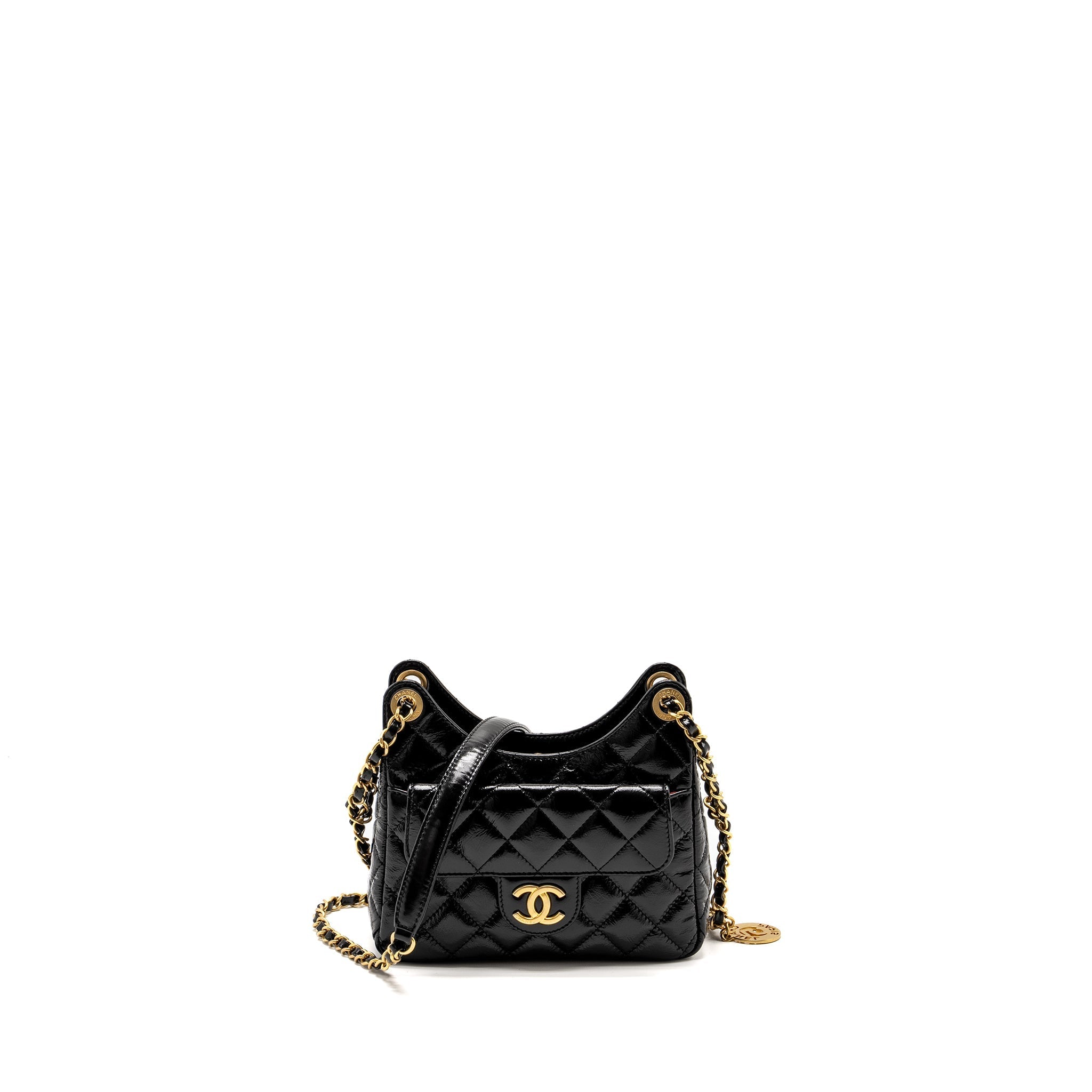 CHANEL 23C Small Hobo bag Shiny Calfskin Black Brushed (Microchip)
