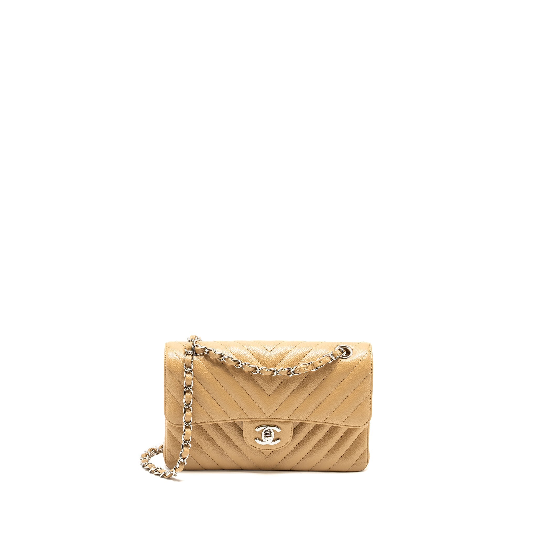 Chanel Small Classic Double Flap Bag Chevron Caviar Beige