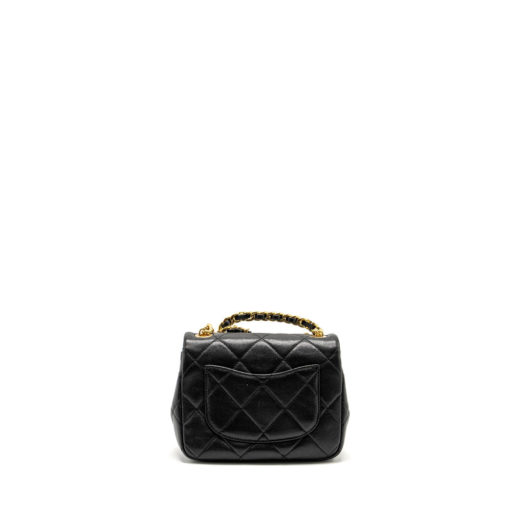 Chanel 23c Round Handle Mini Square Flap Bag Lambskin Black  (microchip)