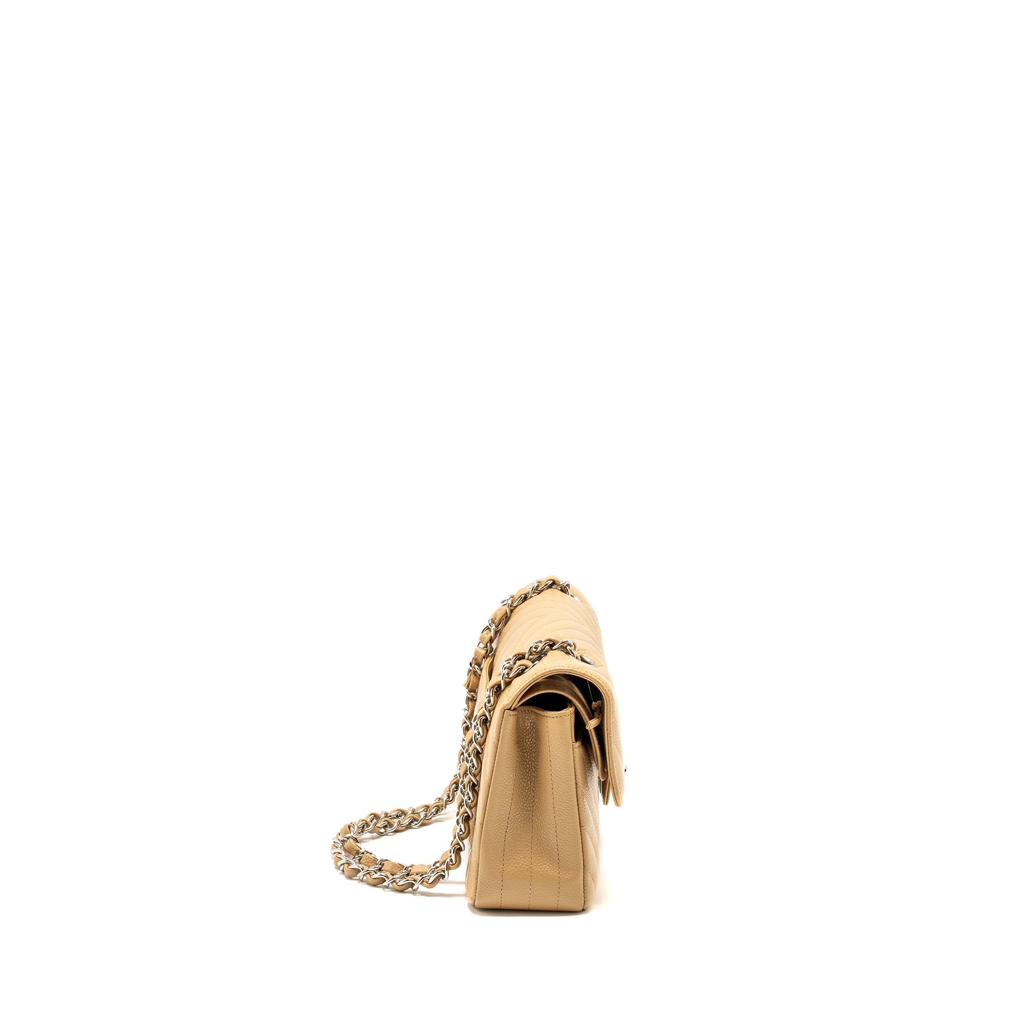 Chanel Small Classic Double Flap Bag Chevron Caviar Beige
