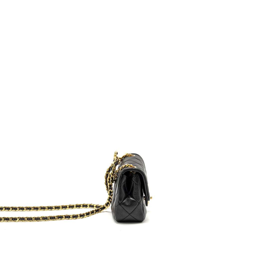 Chanel 23c Round Handle Mini Square Flap Bag Lambskin Black  (microchip)