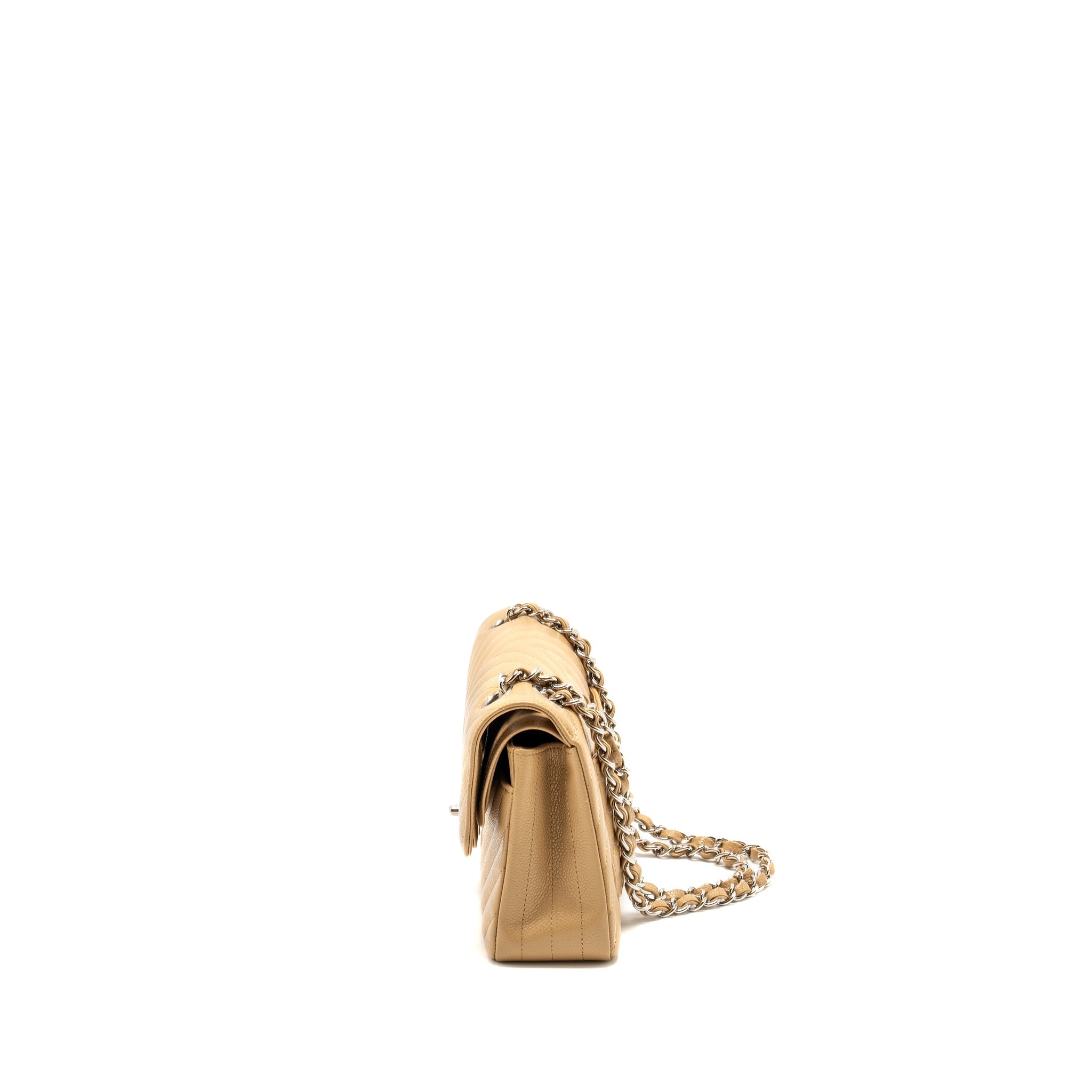 Chanel Small Classic Double Flap Bag Chevron Caviar Beige
