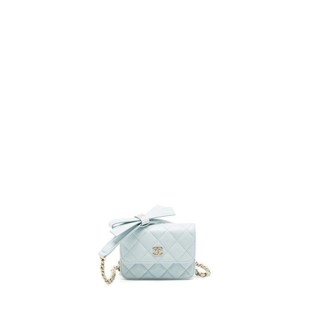 Chanel Mini Flap Bag Ribbon Chains Lambskin Light Blue L