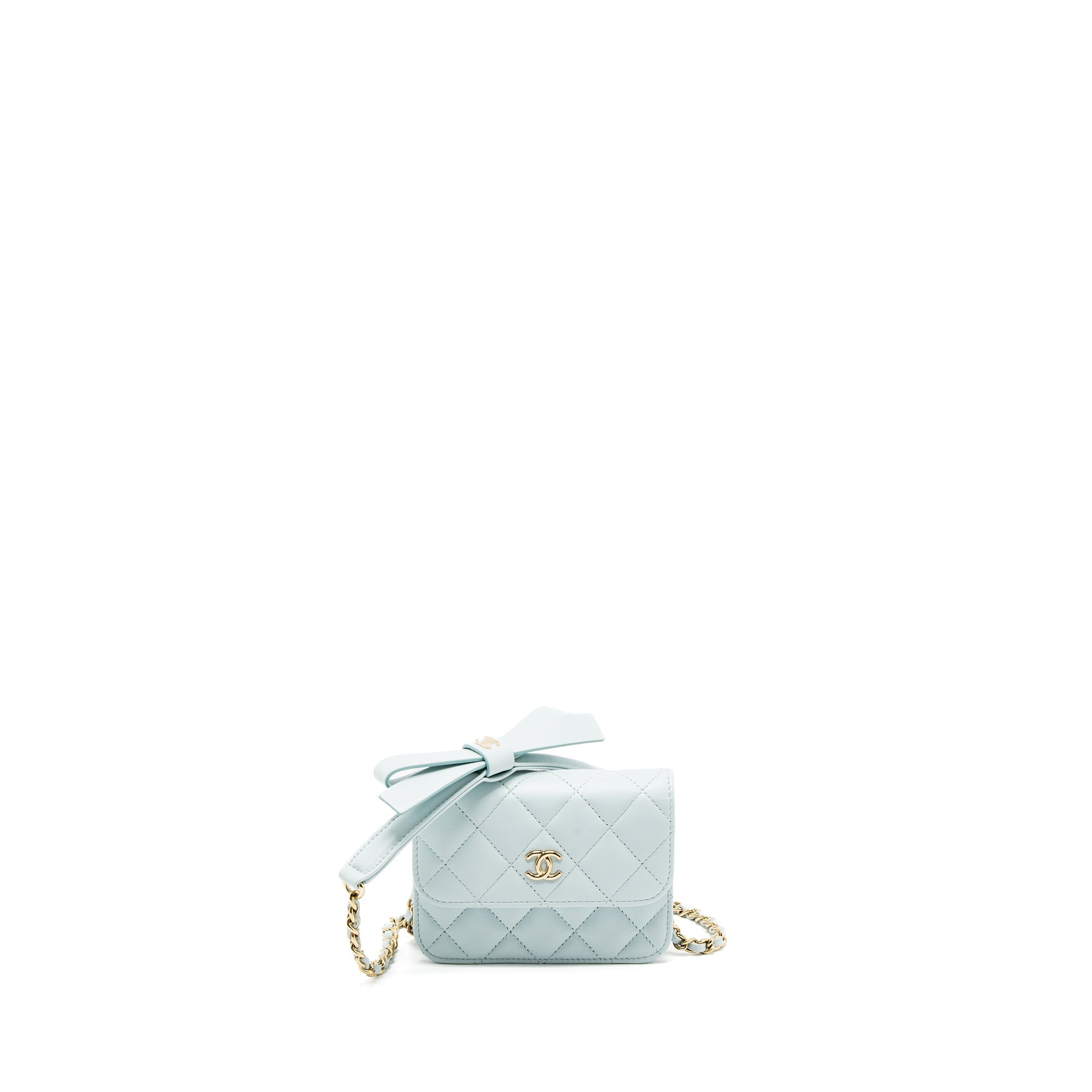 Chanel Mini Flap Bag Ribbon Chains Lambskin Light Blue L