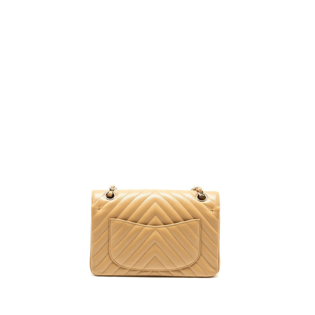 Chanel Small Classic Double Flap Bag Chevron Caviar Beige