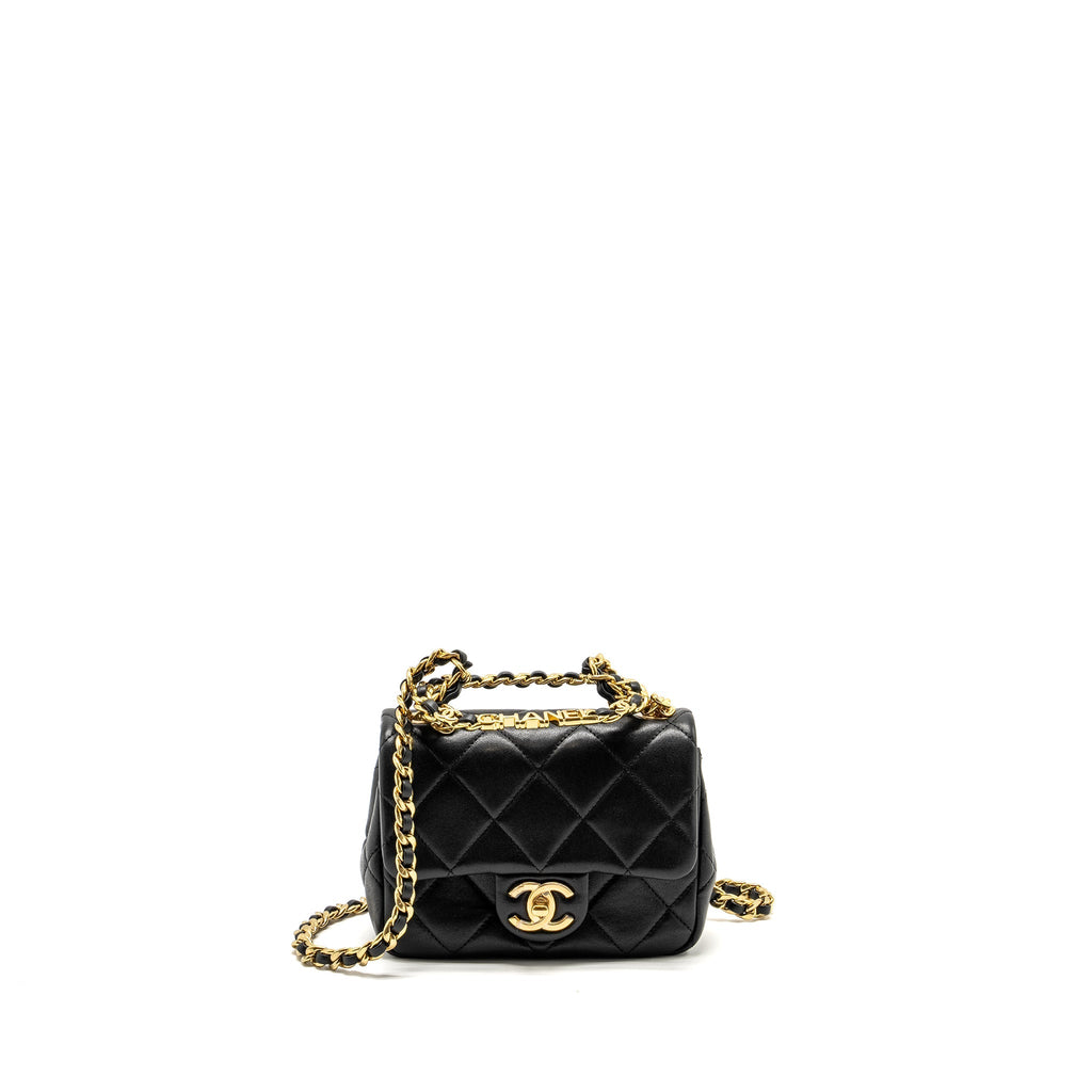 Chanel 23c Round Handle Mini Square Flap Bag Lambskin Black  (microchip)