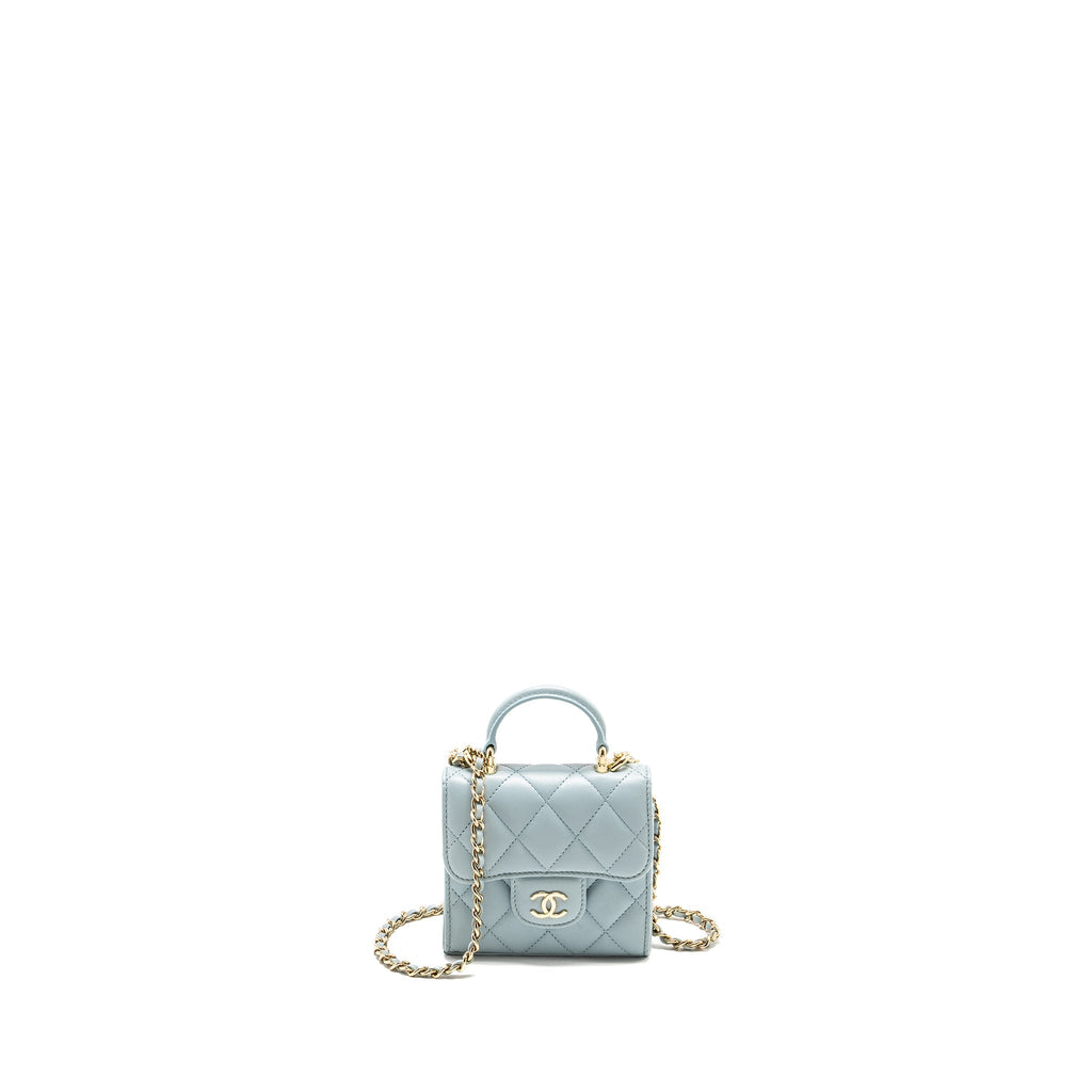Chanel Top Handle Mini Flap Bag Lambskin Light Blue L