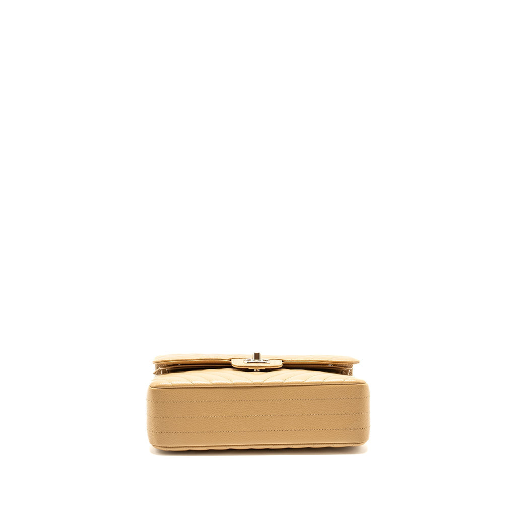 Chanel Small Classic Double Flap Bag Chevron Caviar Beige
