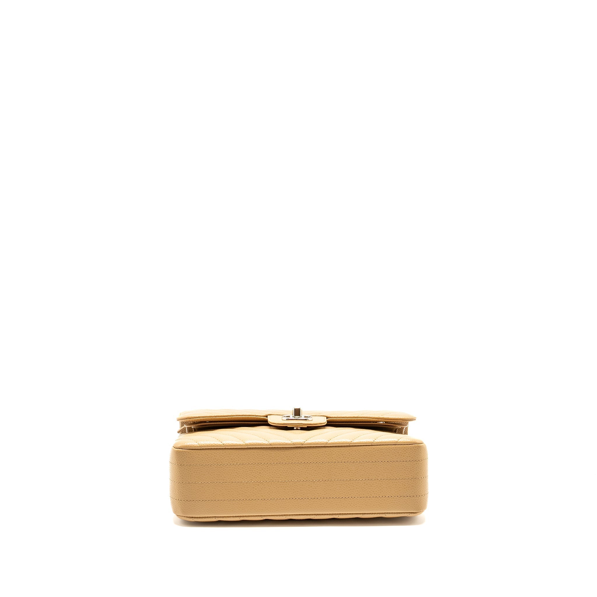 Chanel Small Classic Double Flap Bag Chevron Caviar Beige