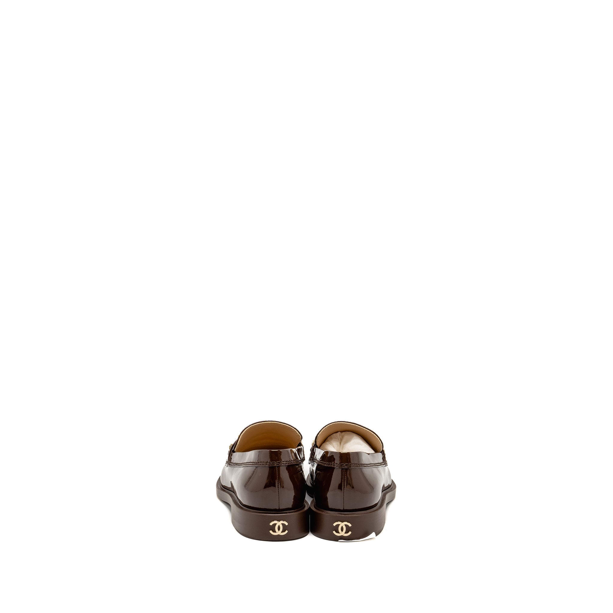 Chanel Size 40 Letter Logo Loafers Patent Calfskin Dark Brown L