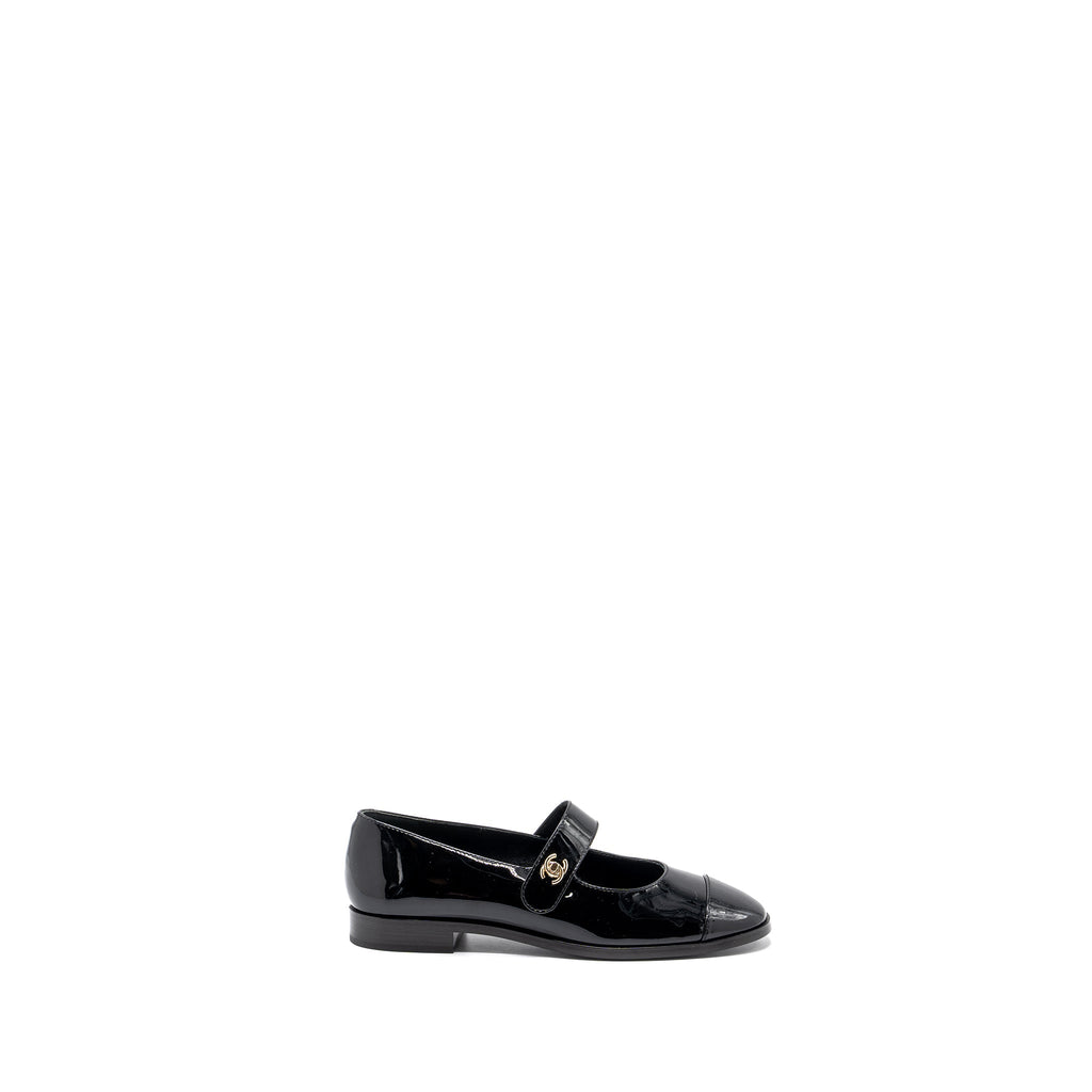 Chanel Size 37.5 Mary Janes Patent Calfskin Black L