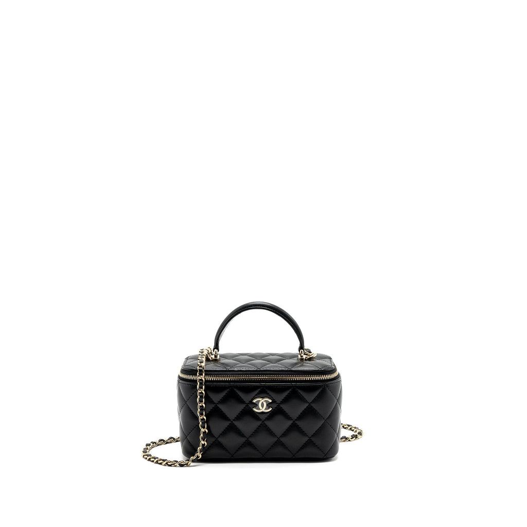 Chanel top handle long vanity with chain lambskin black L (microchip)
