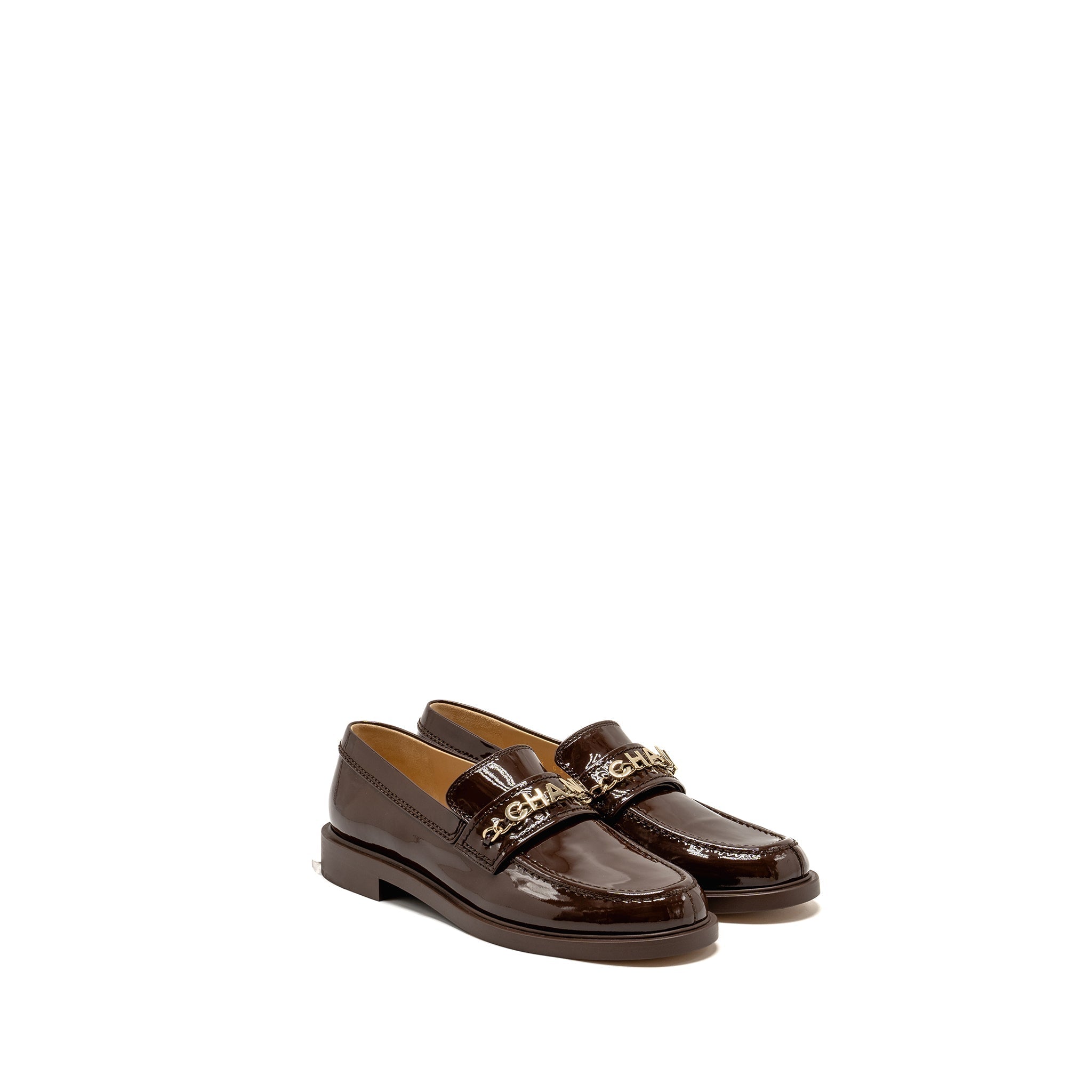 Chanel Size 40 Letter Logo Loafers Patent Calfskin Dark Brown L
