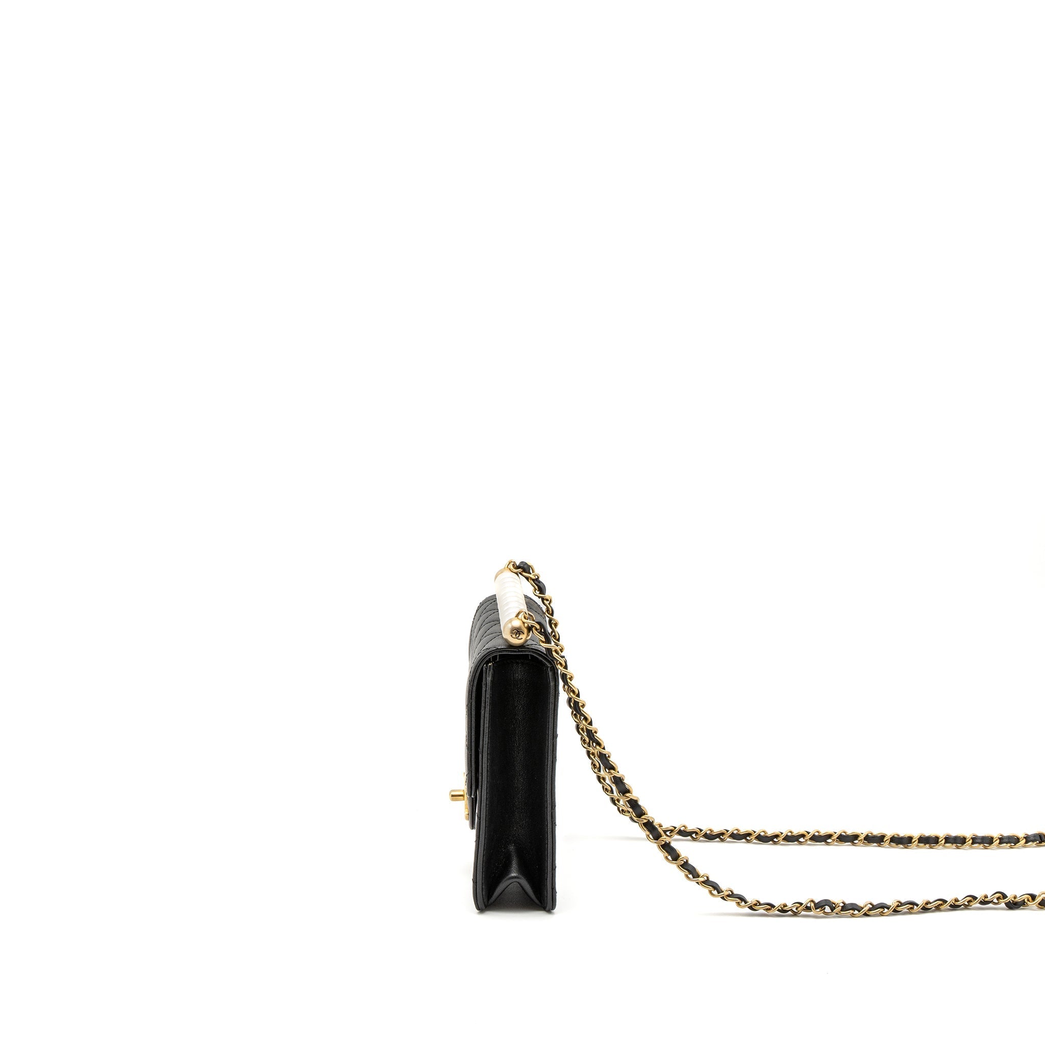 Chanel Square Pearl Flap Bag Lambskin Black Brushed