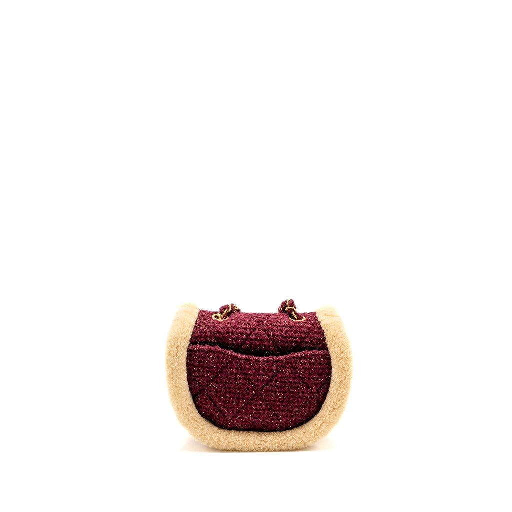 Chanel 22K Mini Messenger Flap Bag Shearling/Tweed Burgundy/Beige  (Microchip)