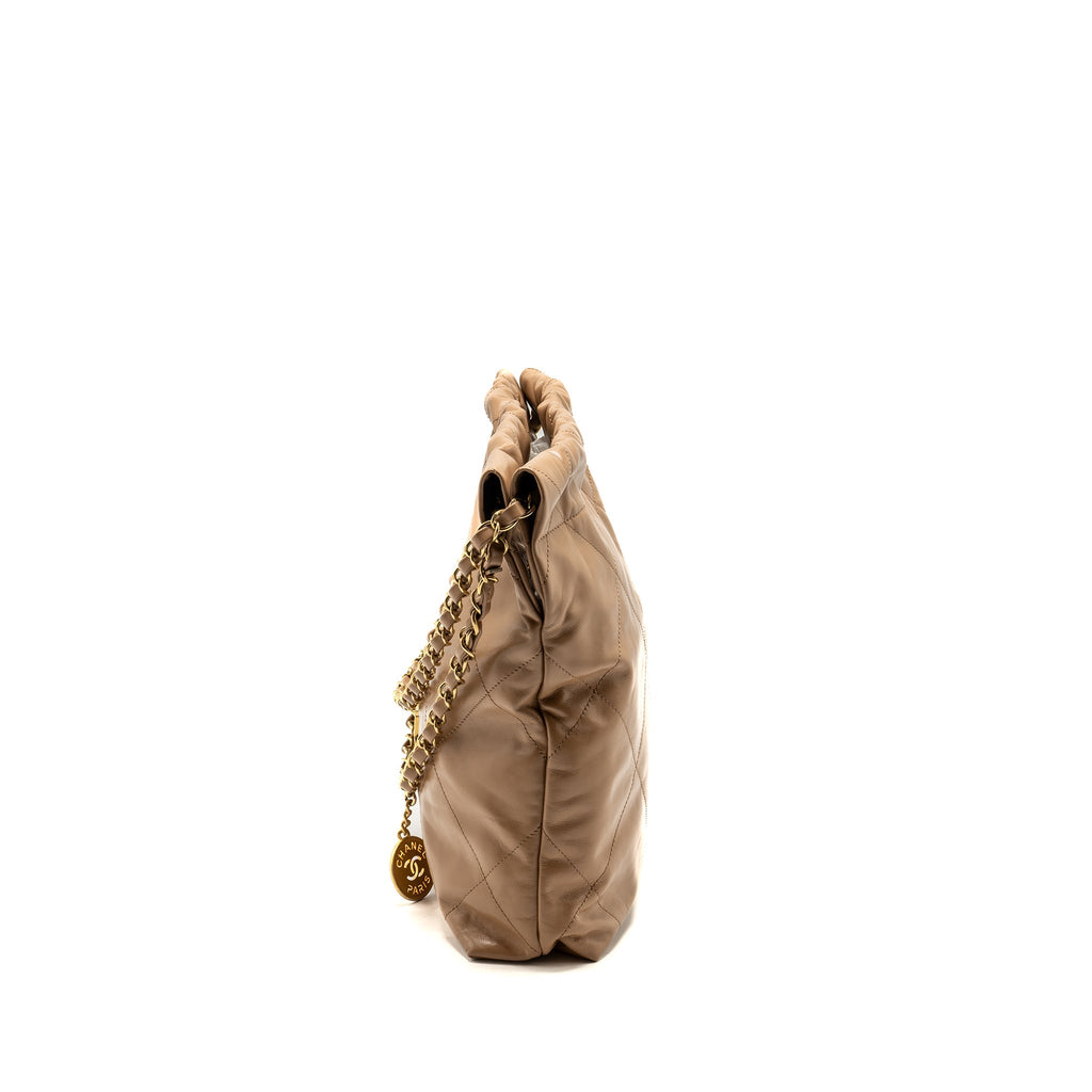 Chanel Small 22 Bag Shiny Calfskin Dark Beige  (microchip)