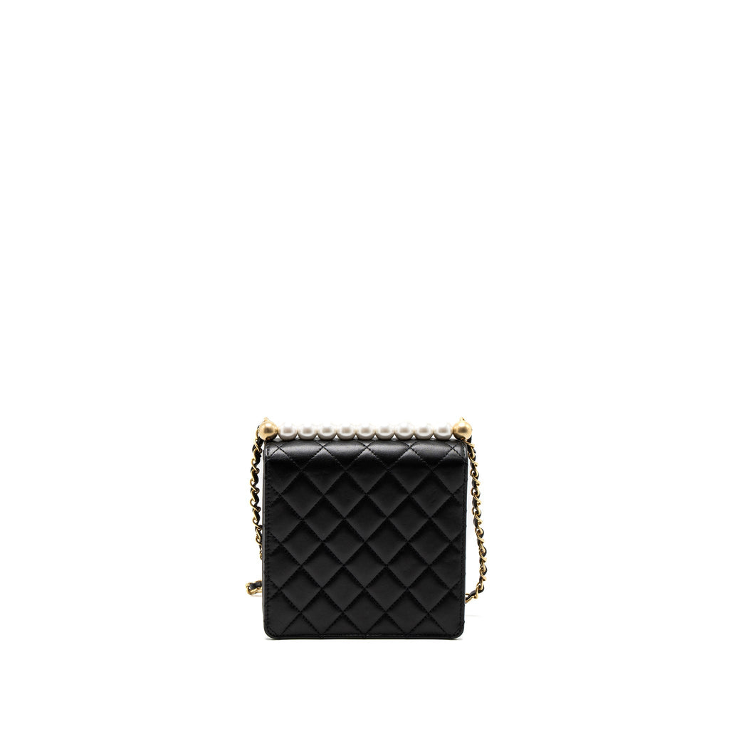 Chanel Square Pearl Flap Bag Lambskin Black Brushed