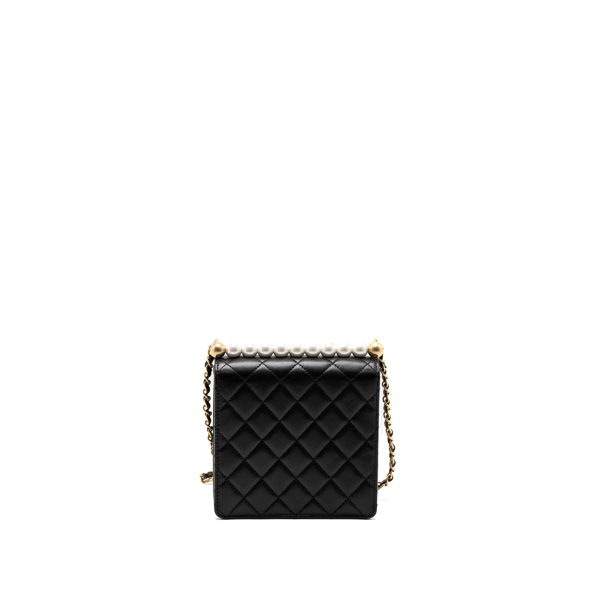 Chanel Square Pearl Flap Bag Lambskin Black Brushed