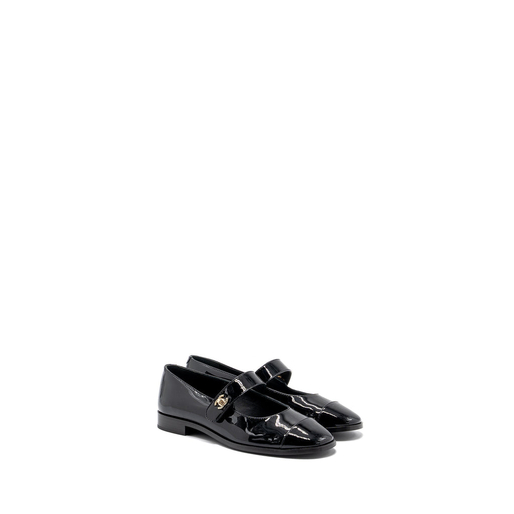 Chanel Size 37.5 Mary Janes Patent Calfskin Black L