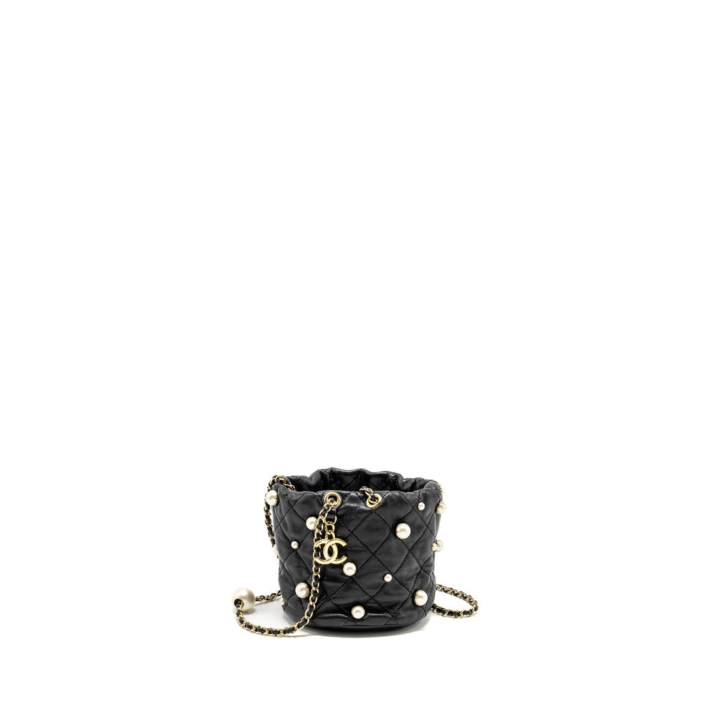 CHANEL 21S Quilted Mini About Pearls Bucket Bag Lambskin Black L