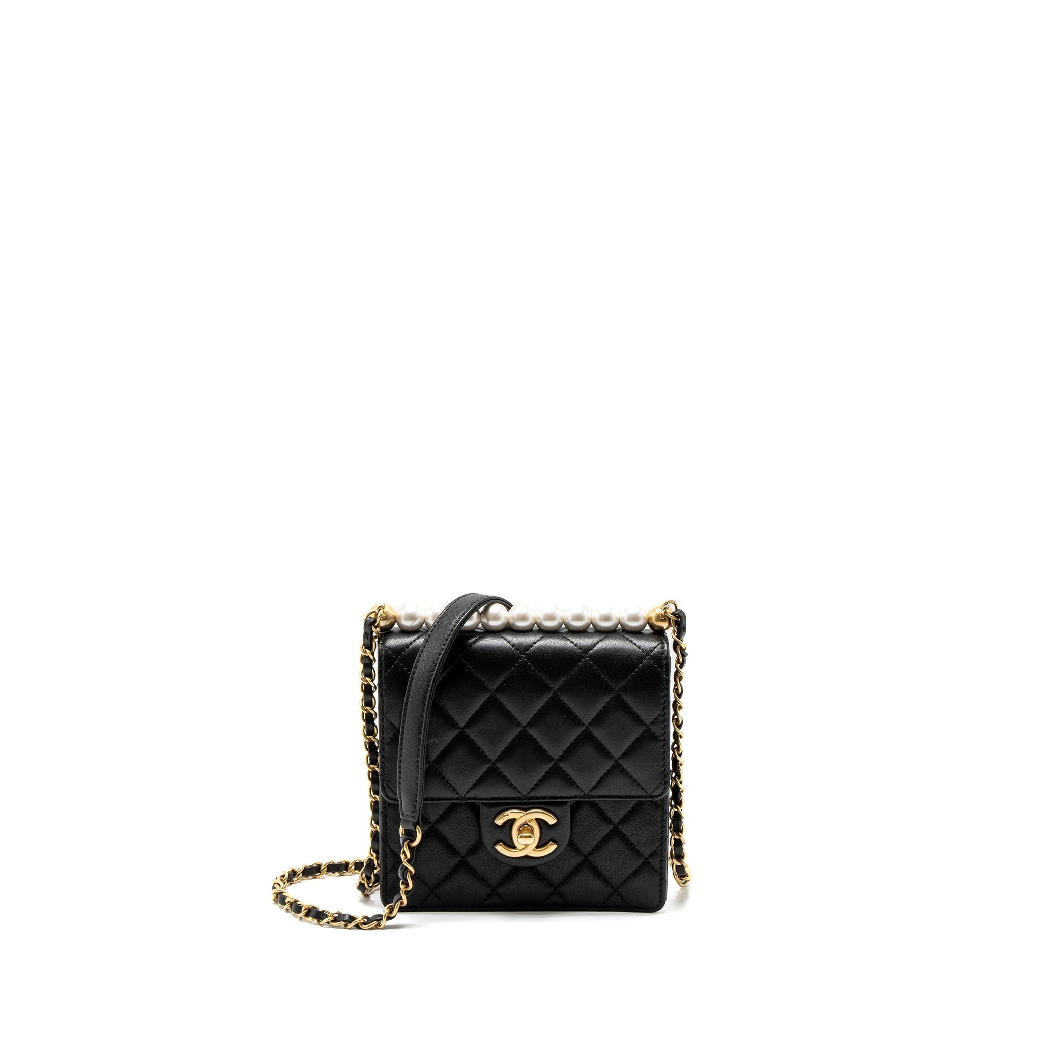 Chanel Square Pearl Flap Bag Lambskin Black Brushed