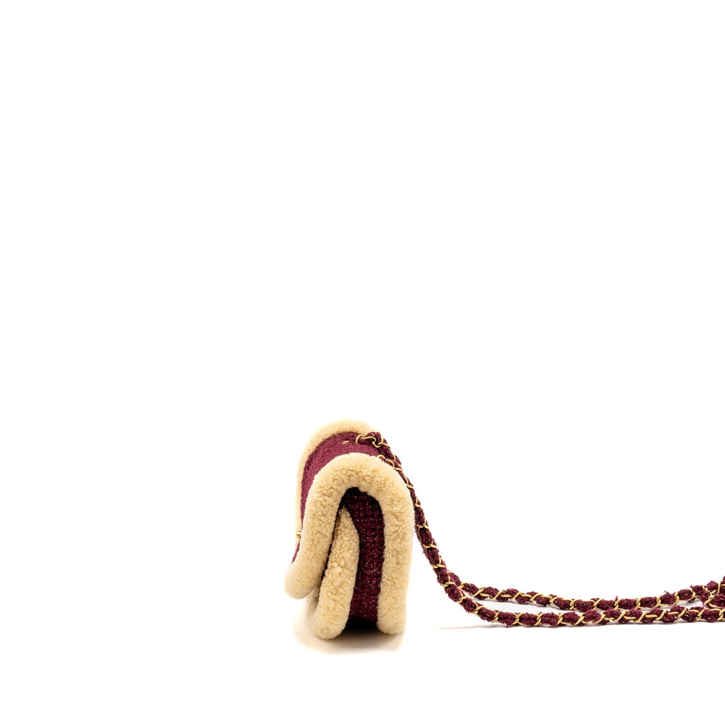 Chanel 22K Mini Messenger Flap Bag Shearling/Tweed Burgundy/Beige  (Microchip)