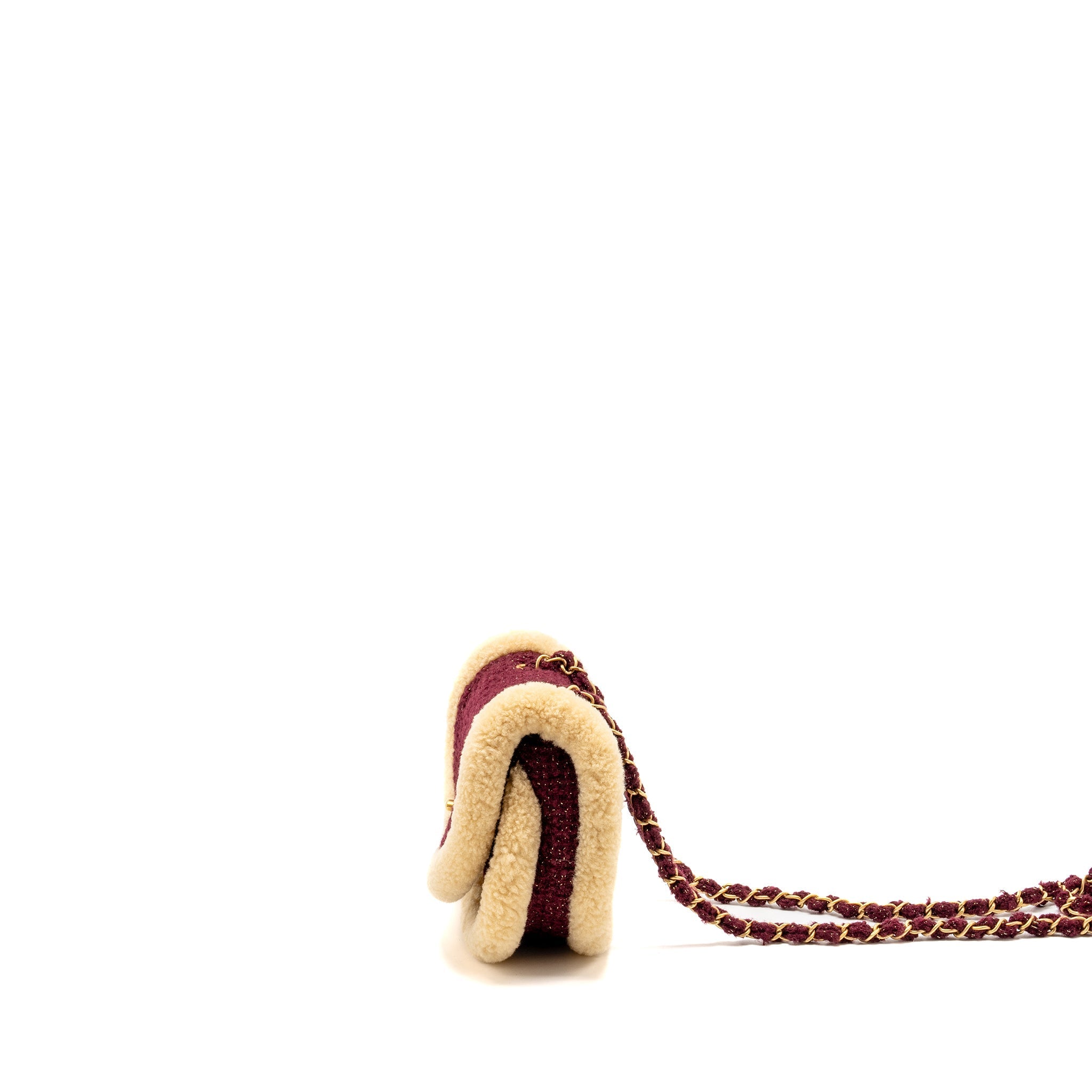 Chanel 22K Mini Messenger Flap Bag Shearling/Tweed Burgundy/Beige  (Microchip)