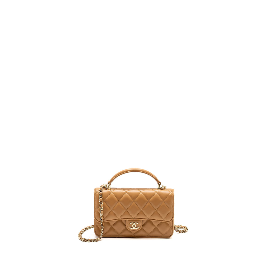 Chanel Top Handle Mini Flap Bag Lambskin Caramel L (Microchip)