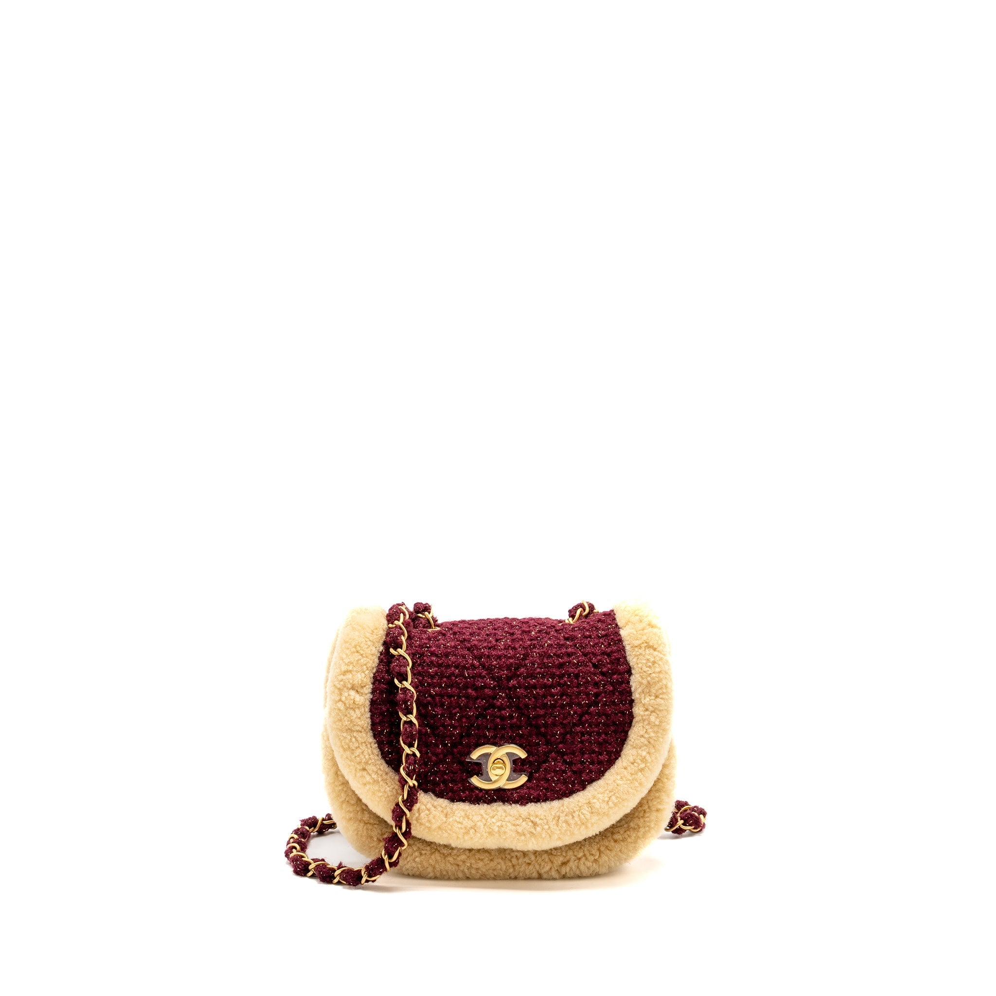 Chanel 22K Mini Messenger Flap Bag Shearling/Tweed Burgundy/Beige  (Microchip)