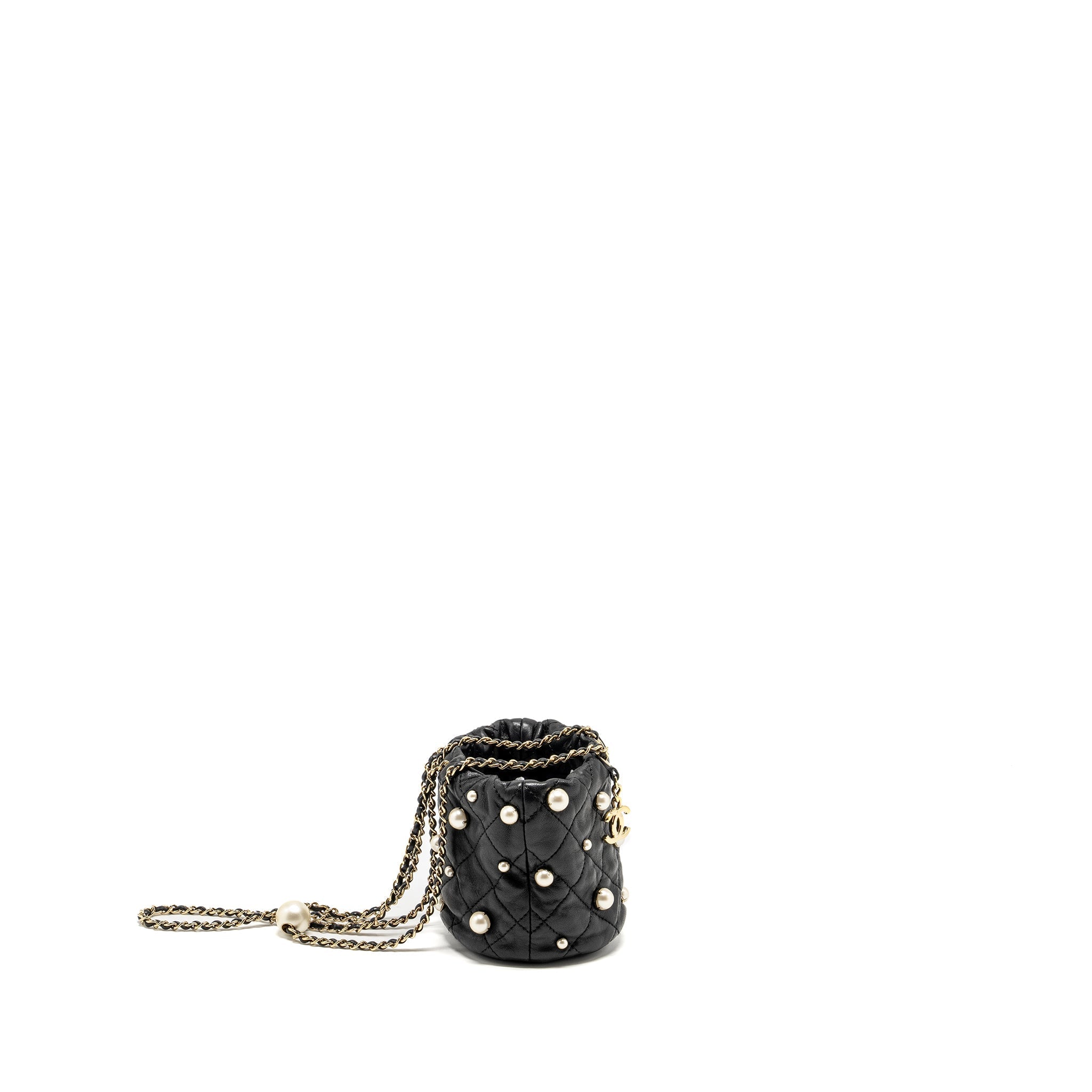 CHANEL 21S Quilted Mini About Pearls Bucket Bag Lambskin Black L