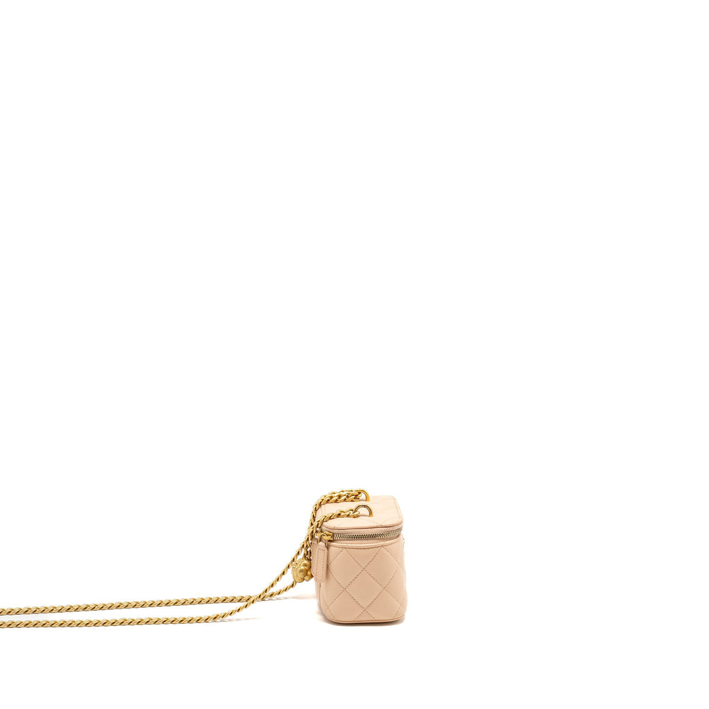Chanel Mini Vanity Case With Camellia Adjustable Chain Lambskin Beige  (Microchip)