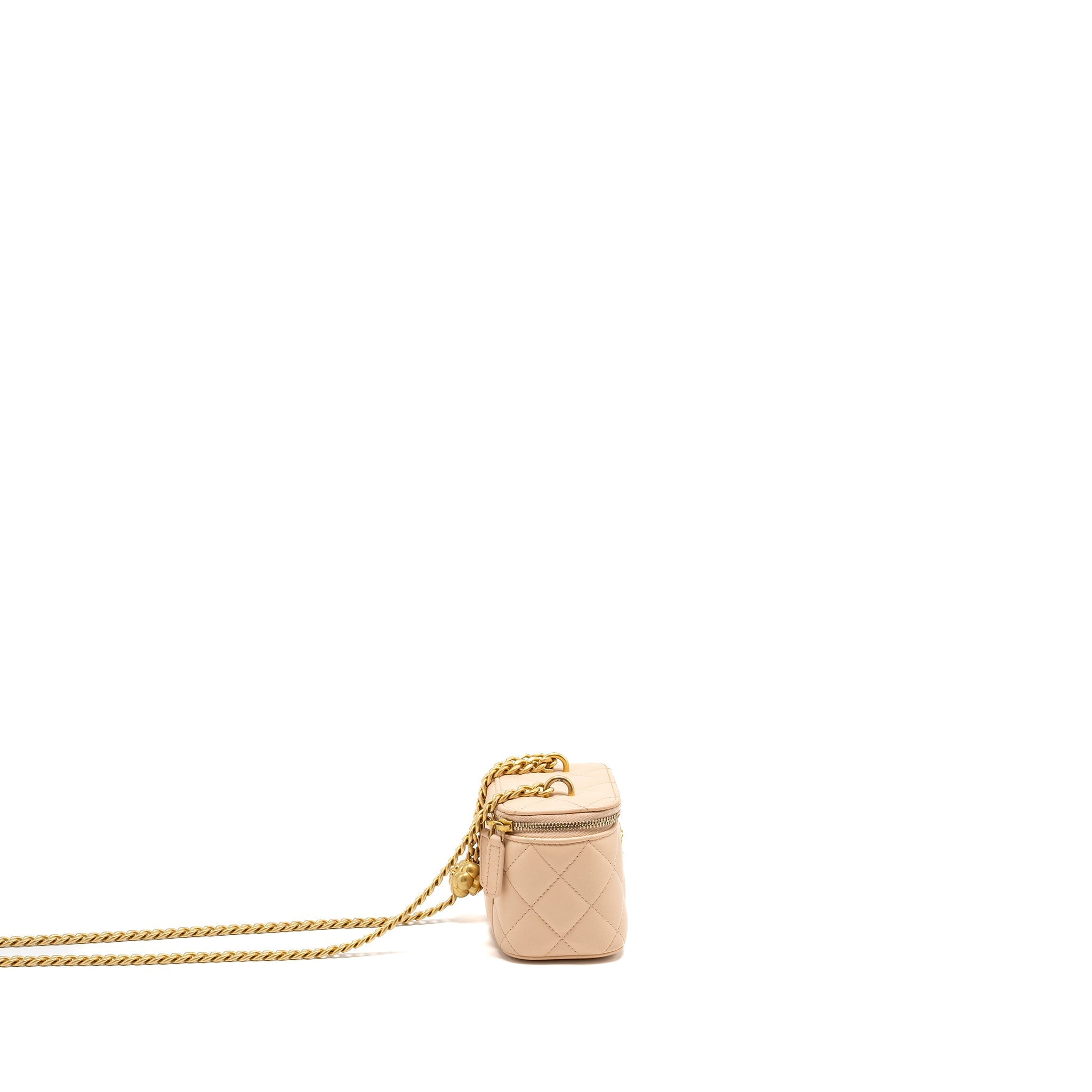 Chanel Mini Vanity Case With Camellia Adjustable Chain Lambskin Beige  (Microchip)